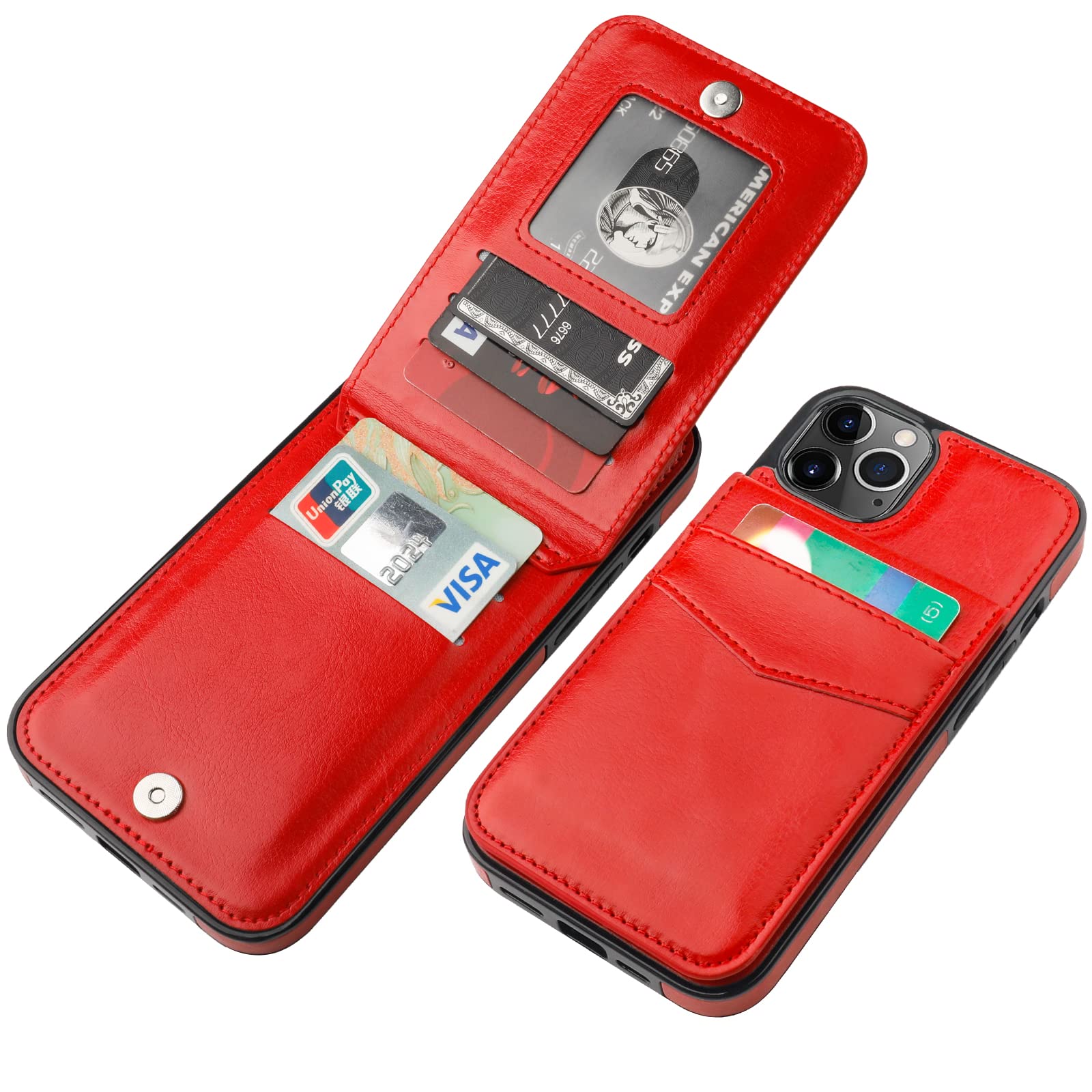 Premium Leather iPhone 12 Pro Max Wallet Case with Magnetic Clasp & Kickstand - Heavy Duty Protective Cover with Credit Card Holder (6.7 Inch, Red) | Perfect for Business Travel, Daily Commute & Hands-Free Viewing