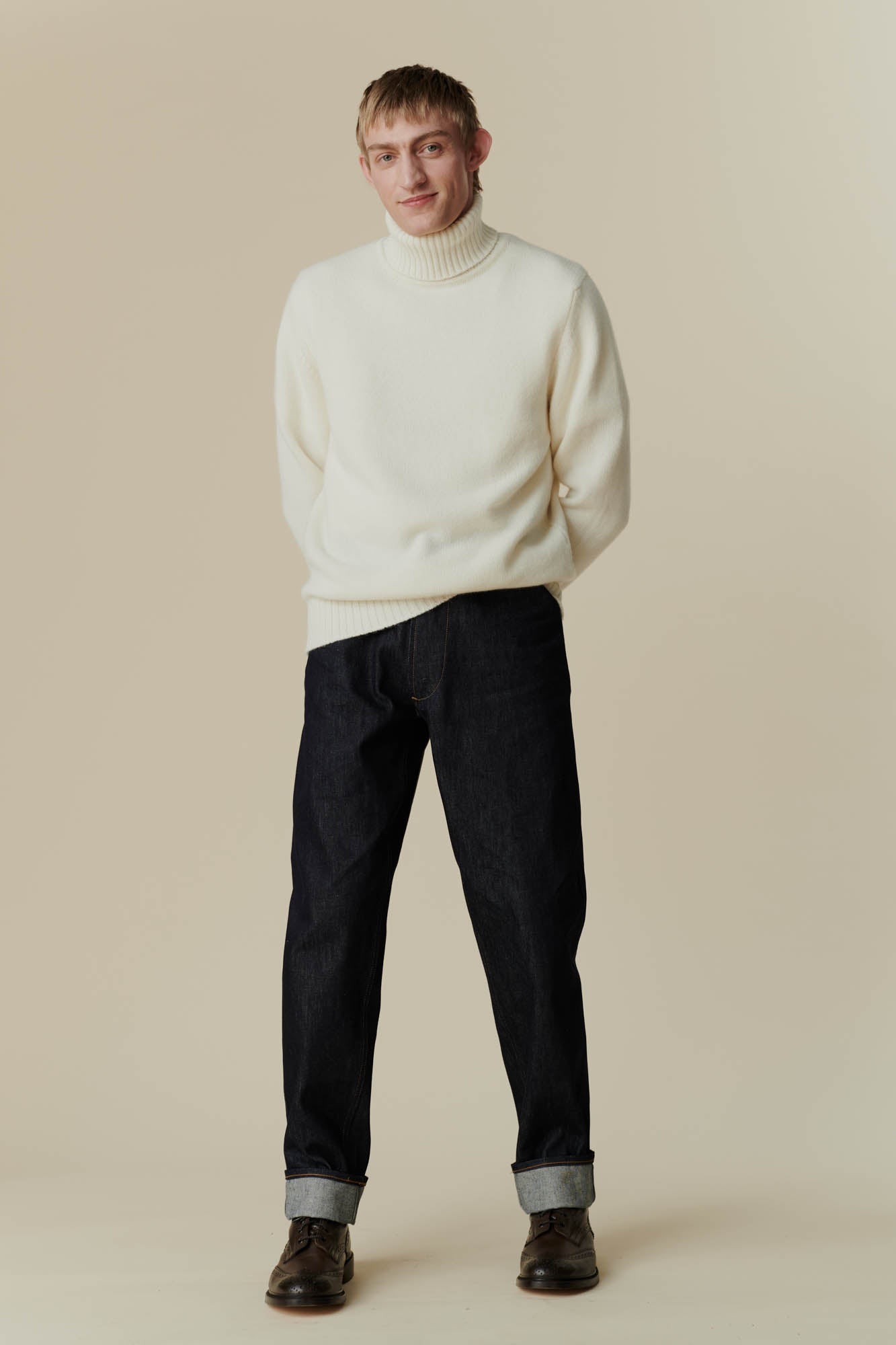 Men's Lambswool Roll Neck Sweater in Ecru - Warm Winter Pullover for Casual Outfits & Office Wear