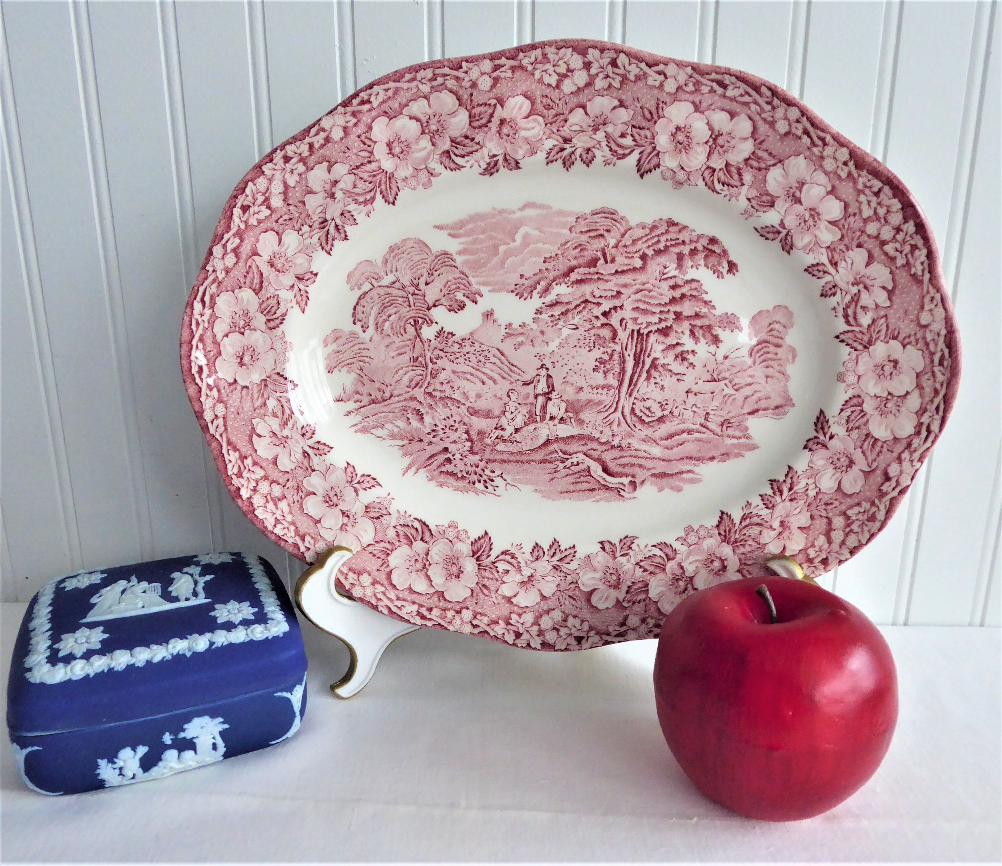 Vintage Wedgwood Ironstone Platter - Woodland Pink & Red Transferware Oval Dish, E Pattern, 1960s | Perfect for Farmhouse Dining, Tea Parties & Antique Collectors