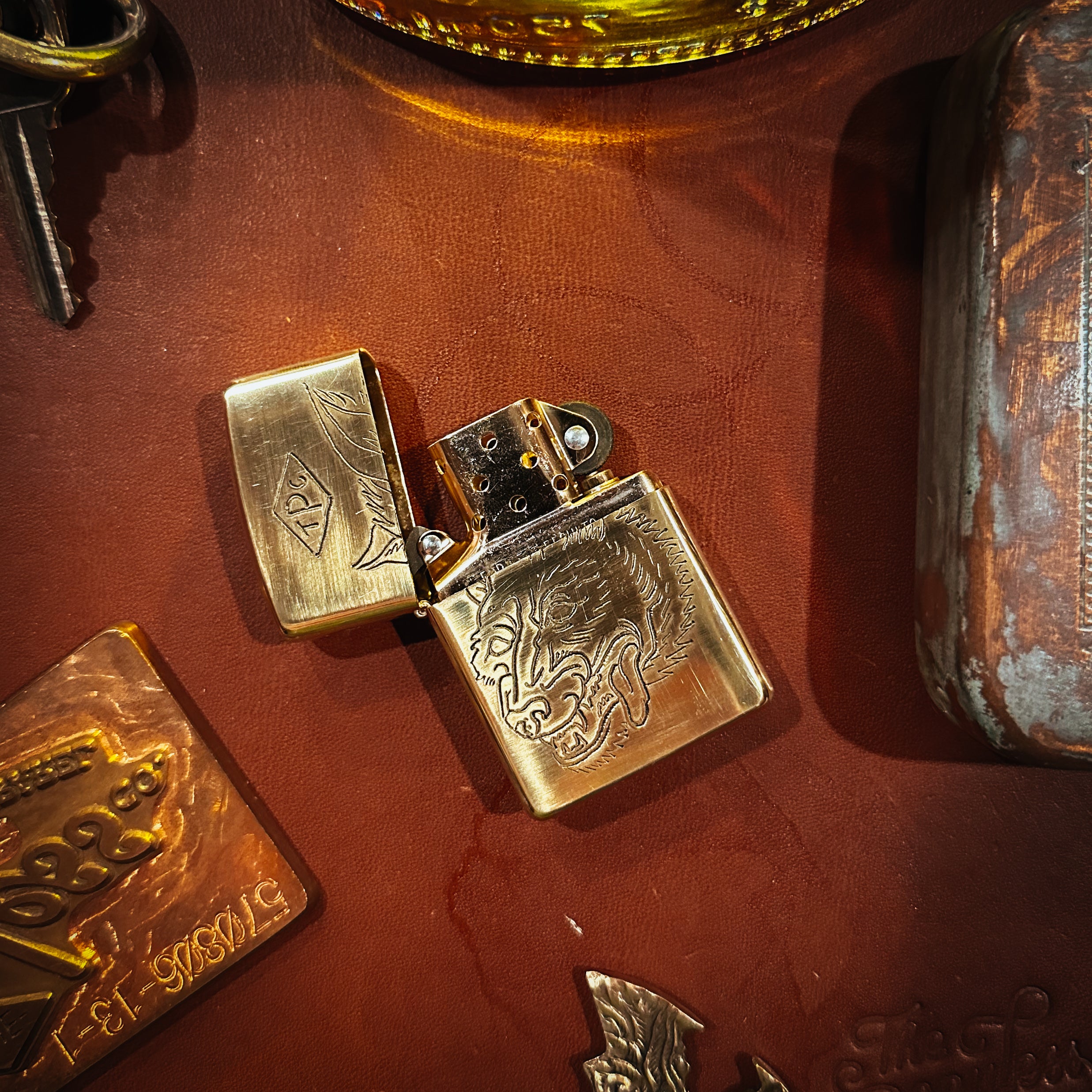 BROOKHAYL x POPULESS Limited Edition Hand Engraved Zippo® Lighter 014 - Armor Brushed Brass Finish | Collectible, Gift for Men, Outdoor Camping & Survival Gear
