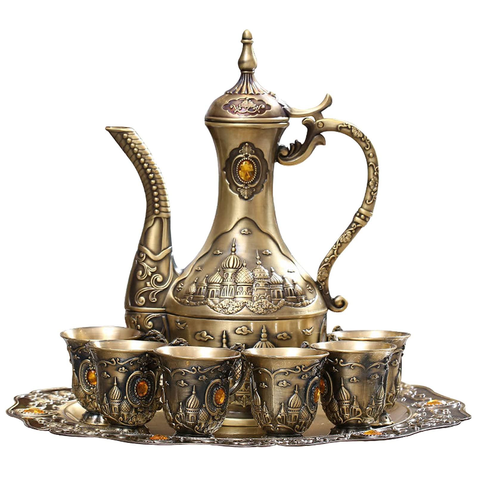 Vintage Turkish Coffee Pot Set for 6 with Tray - Handcrafted Copper Tea Service Set Including Teapot & Metal Cups - Perfect for Home Decor, Wedding Gifts & Traditional Tea Ceremonies