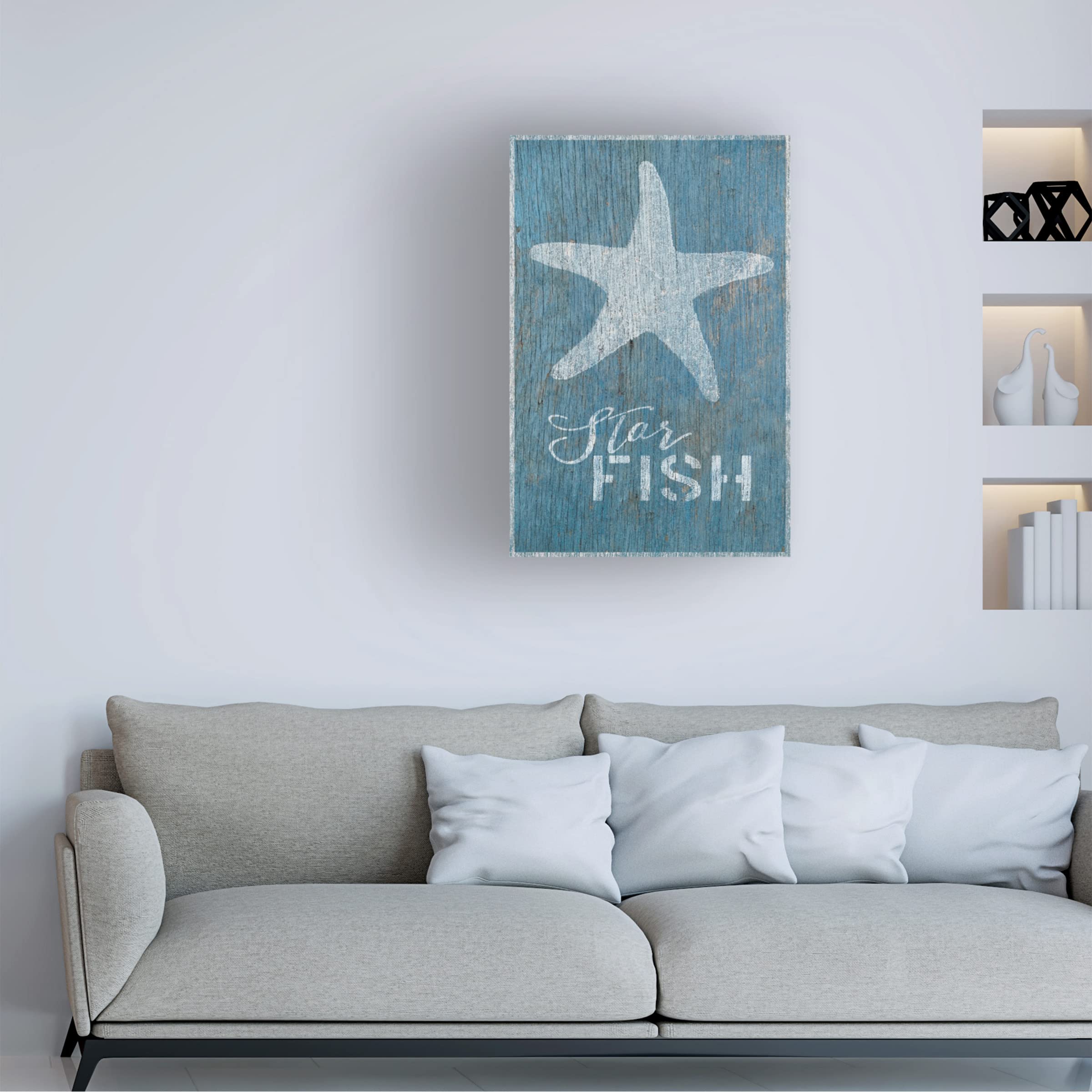 Trademark Fine Art 'Starfish on Blue Wood' Canvas Print by Cora Niele - Coastal Beach House Decor, Ocean Themed Wall Art for Living Room & Bedroom