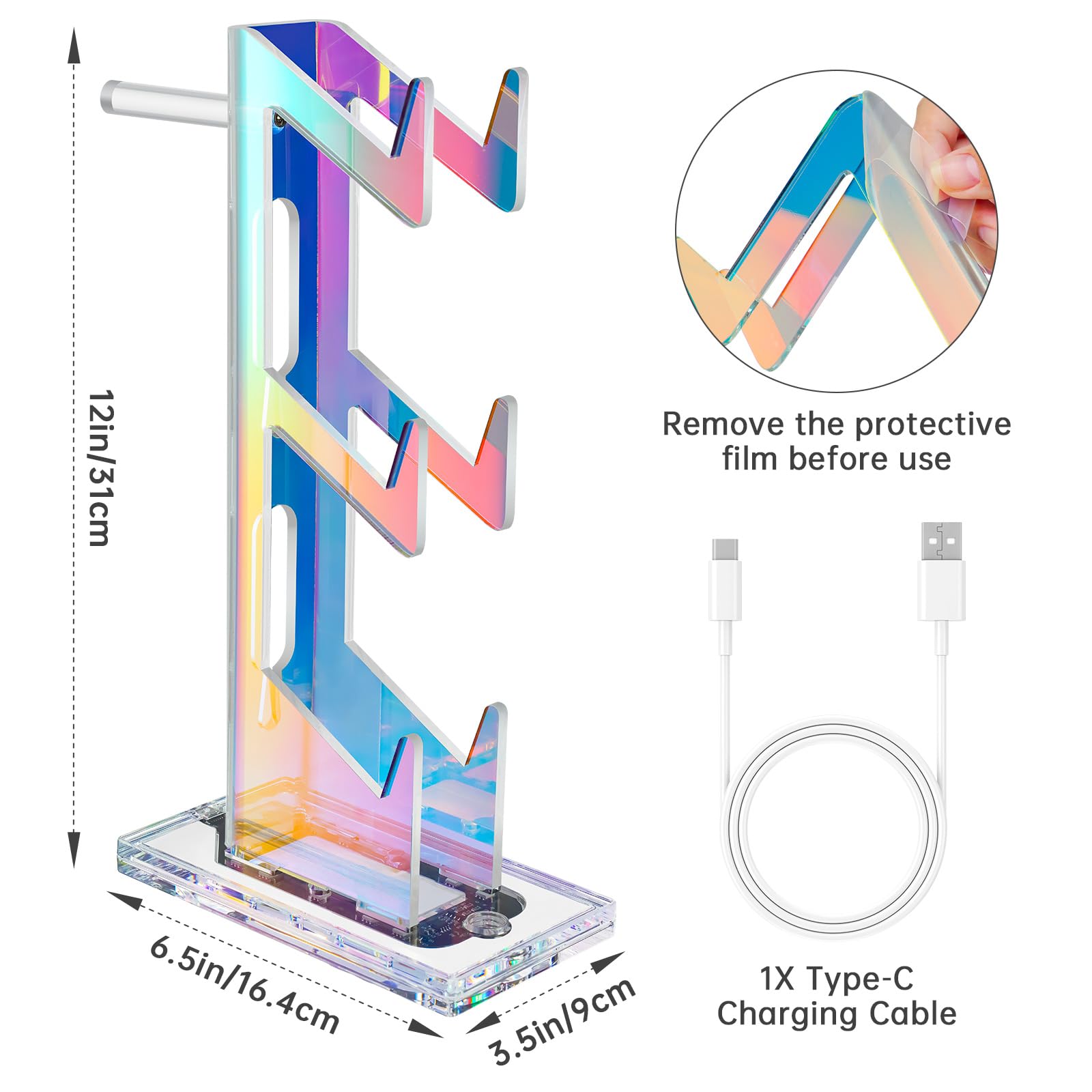 NiHome Iridescent Acrylic Multi-Tier Game Controller & Headset Holder Stand with Customizable LED Lighting - USB-Powered 7 Colors & 3 Modes, Anti-Slip Gaming Desk Organizer & Cable Management (3 Tiers) - Perfect for PS5, Xbox, Switch & PC Gaming Setup Accessories