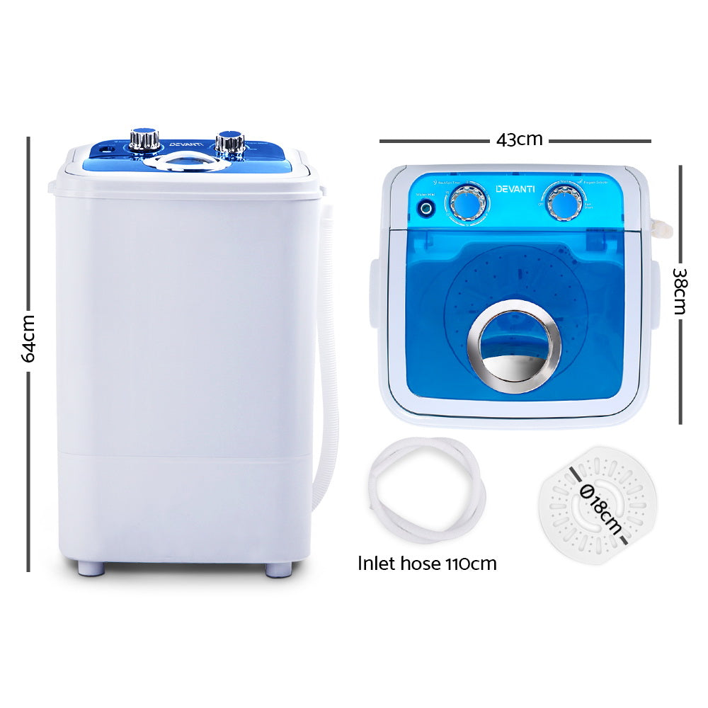 Devanti 4.6KG Portable Washing Machine - Compact & Energy Efficient Laundry Solution for Apartments, RVs, Camping & Small Spaces - Blue