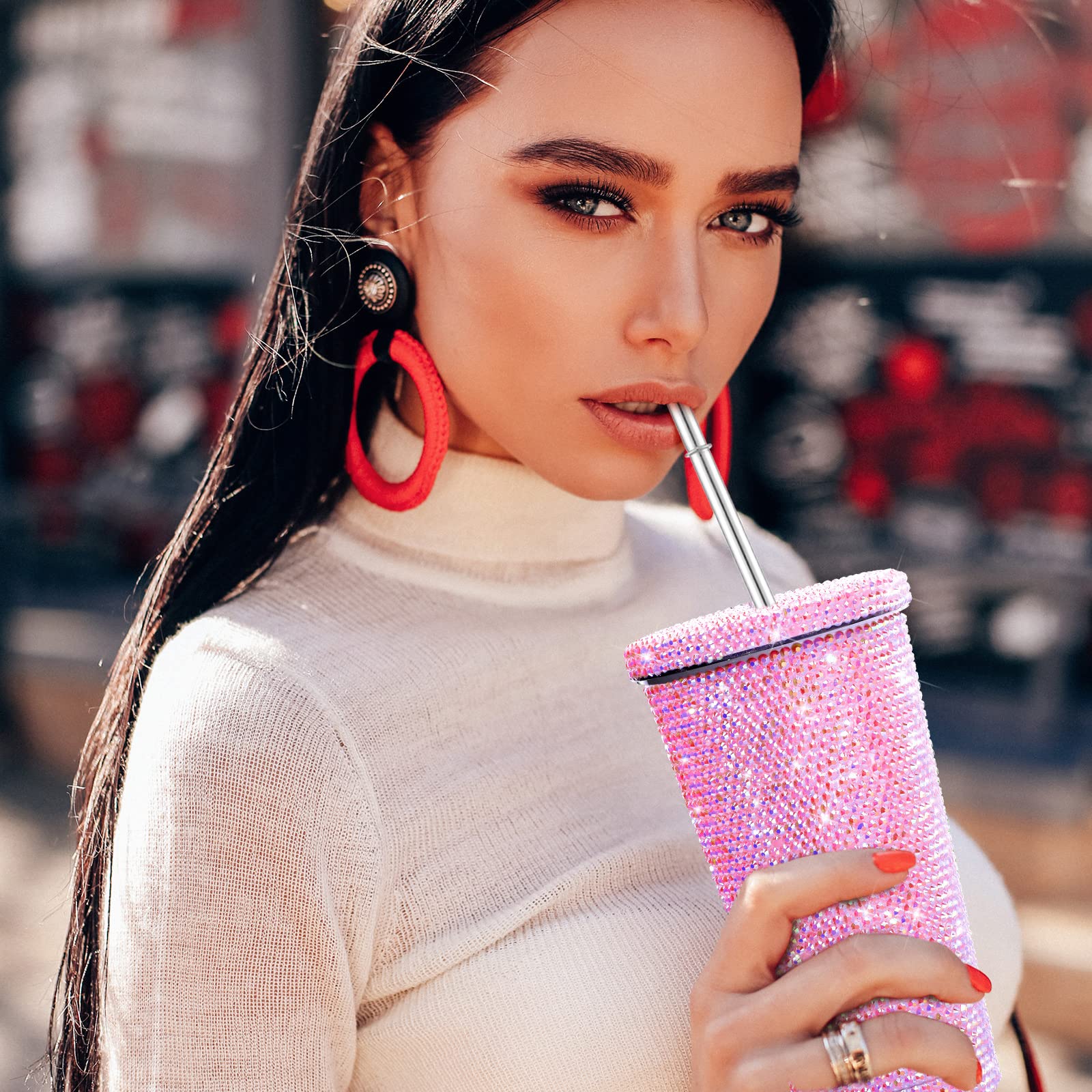 Sparkling Studded Rhinestone Tumbler - 16.9oz Stainless Steel Vacuum Insulated Water Bottle with Lid & Straw | Diamond Glitter Thermal Cup with Cleaning Brushes (1 Cup Brush + 6 Straw Brushes) | Perfect for Women's Gym, Office & Outdoor Activities (AB Pink)