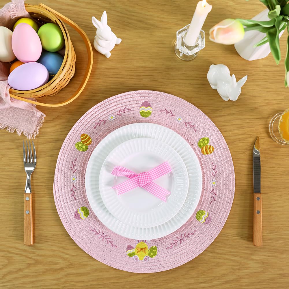 Round Easter Placemats Set of 4 - Pink Bunny Table Mats for Dining, Spring Decor, Easter Egg Design - Perfect for Holiday Parties, Family Gatherings & Seasonal Home Decor