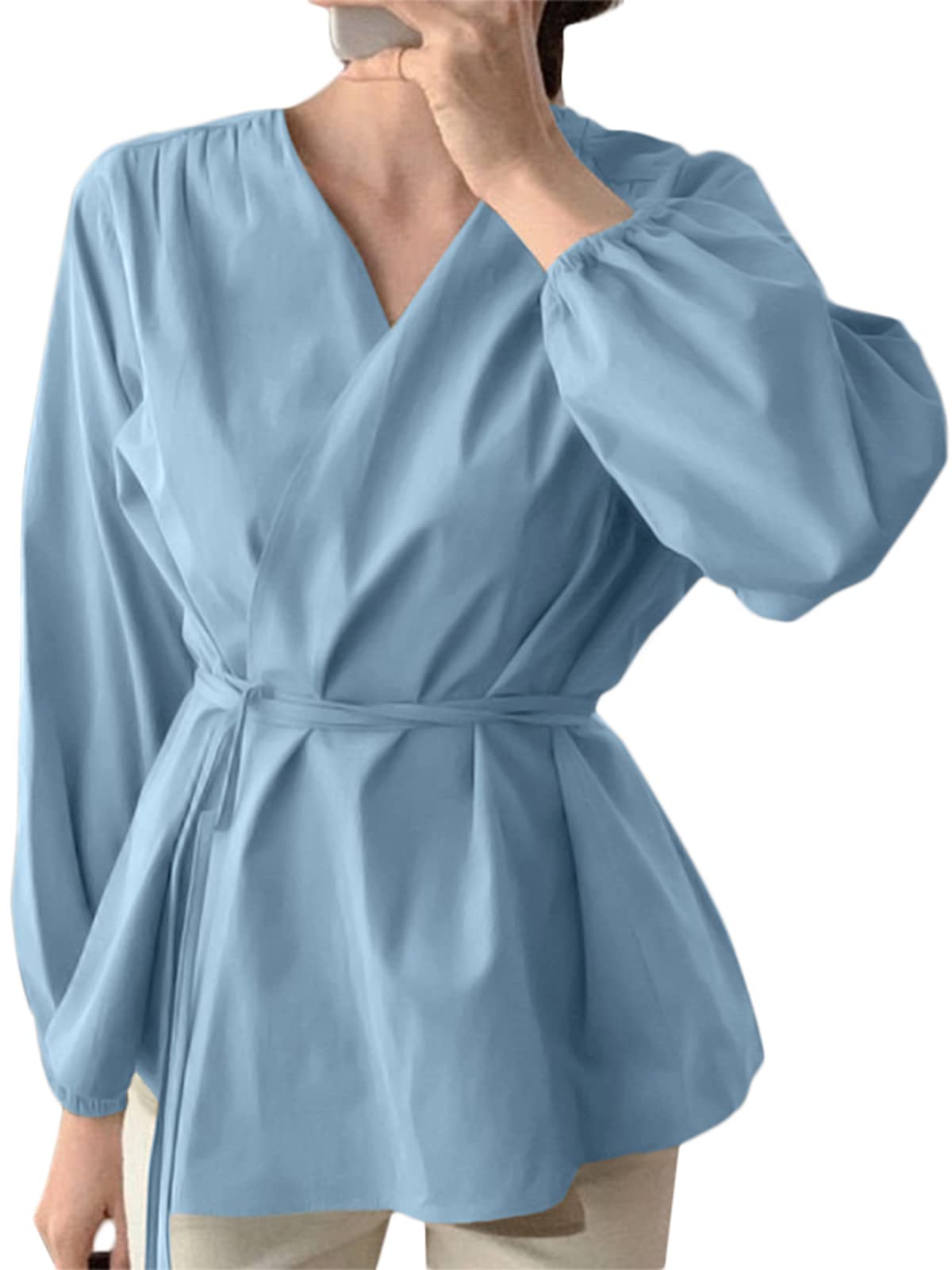 Celmia Women's Kaftan Blouse - V-Neck Long Sleeve Tunic Top with Wrap Waist Tie | Flowy Boho Chic Shirt for Beach Cover-Up, Lounge Wear & Summer Outfits
