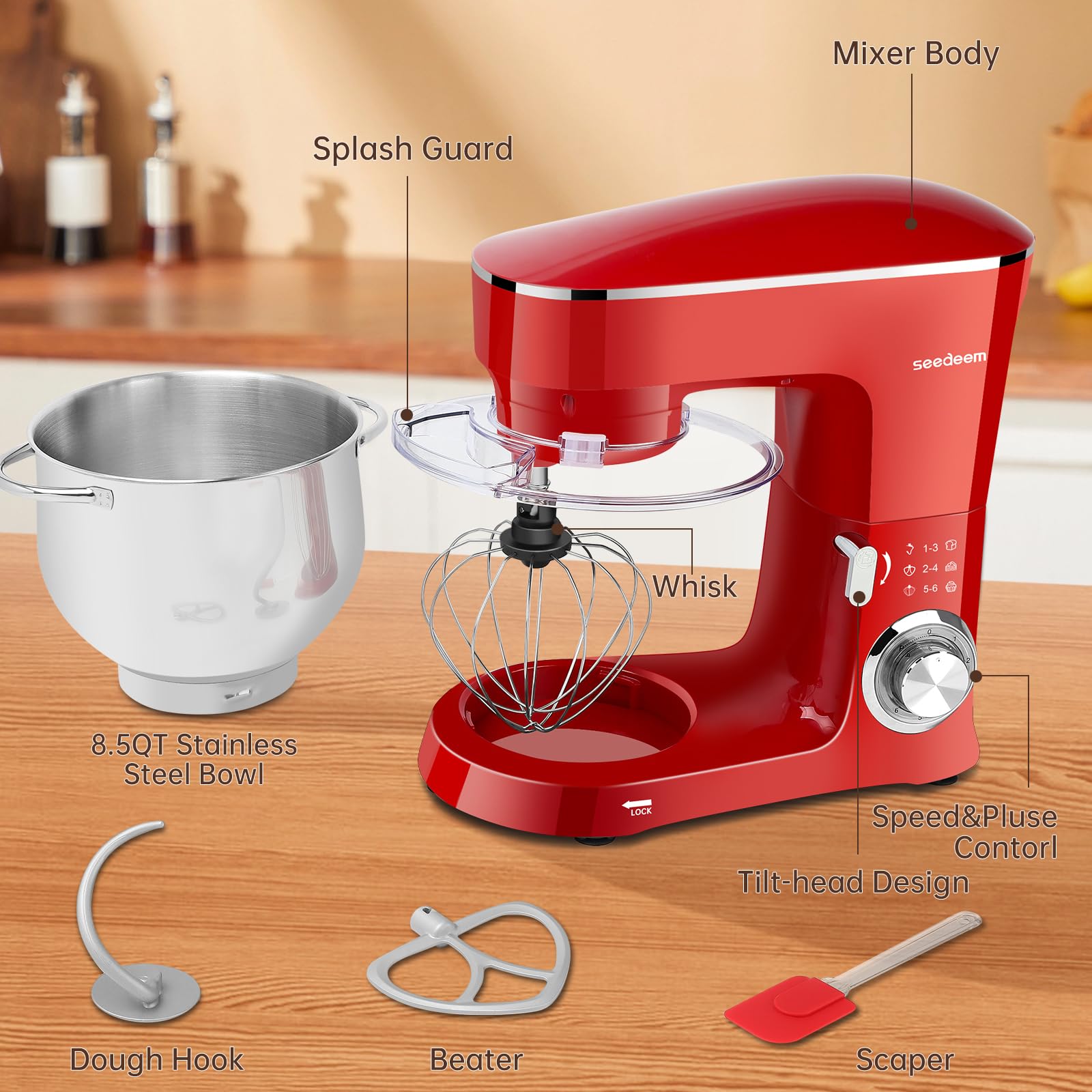 SEEDEEM 8.5 Qt Stand Mixer - 660W Powerful 6-Speed Tilt-Head Electric Kitchen Mixer with Dishwasher-Safe Dough Hook, Wire Whip & Beater - Perfect for Baking Bread, Cookies, Cakes & More - Red