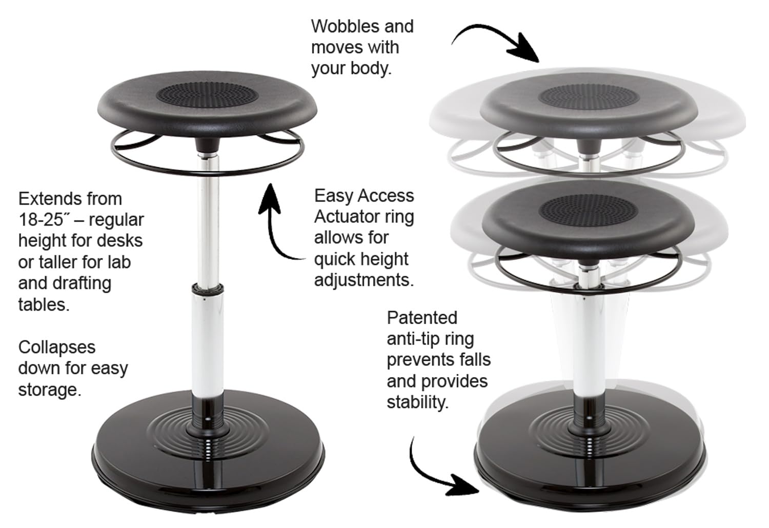 Ergonomic Wobble Chair for Teens & College Students - Adjustable Office Stool with Comfortable Rubber Seat (18-25