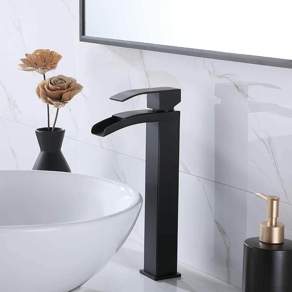 Black Single Handle Waterfall Vessel Sink Faucet with Pop-Up Drain - Tall RV Bathroom Faucet for Vanity Sink, Includes Two 3/8