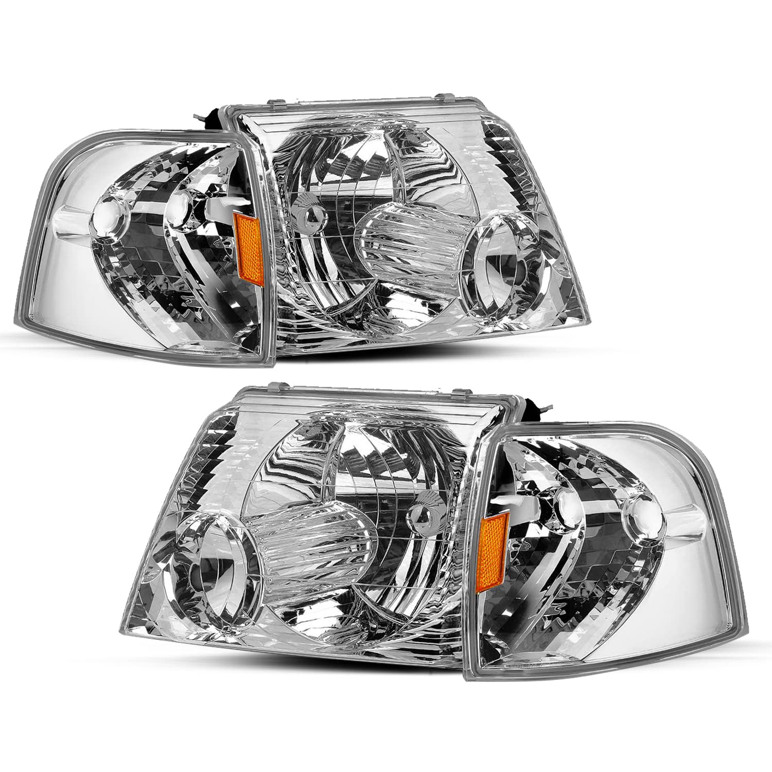JSBOYAT Headlight Assembly Replacement with Corner Lights - 4pcs Compatible with 2002-2005 Ford Explorer - Driver & Passenger Side Headlamps (Chrome Housing, Amber Reflector) - Perfect for Night Driving & Off-Road Adventures