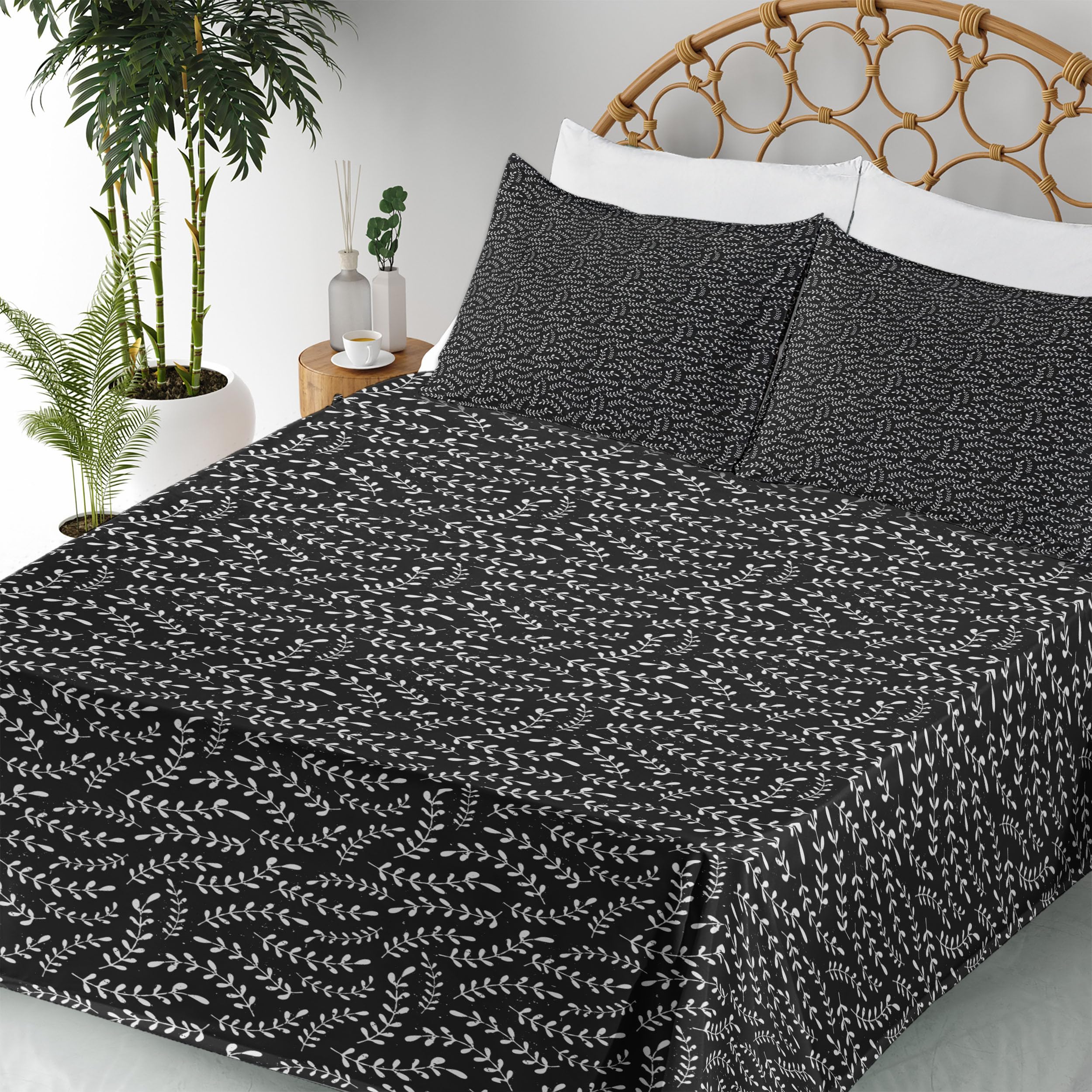 Ambesonne Abstract Laurel Plant Silhouette Bed Sheet Set - 4 Piece King Size with Fitted Sheet, Flat Sheet & Pillowcases - Grunge Pattern Monochrome Illustration in Charcoal Grey & Pearl - Perfect for Modern Bedrooms, Guest Rooms & Bohemian Home Decor