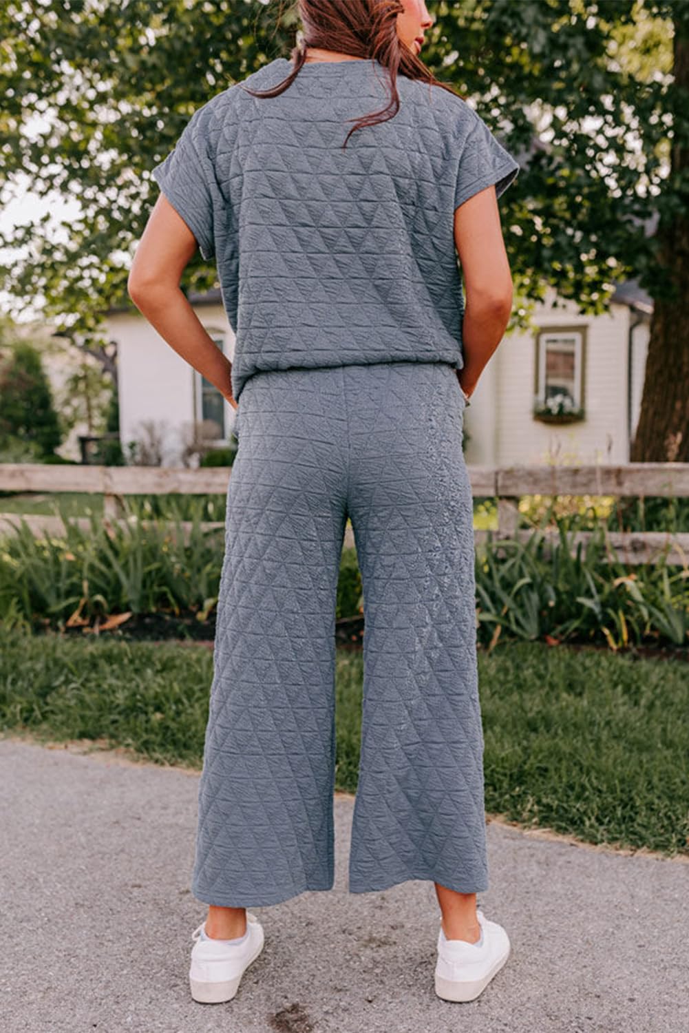 LEMAFER Women's Quilted Short Sleeve Wide Leg Pants Set - Casual Solid Round Neck Pullover Tops for Fall | Trendy Outfit for Work, Travel & Daily Wear