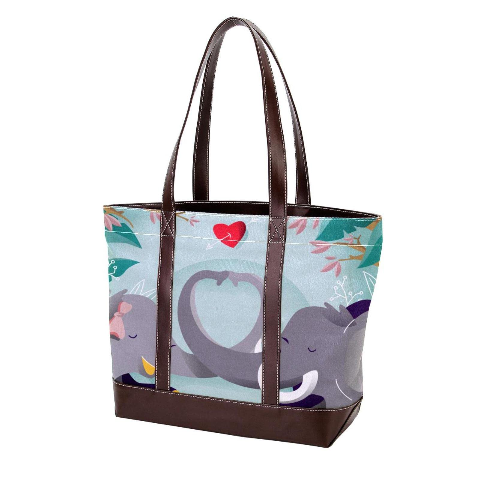 Stylish Large Elephant Print Tote Bag for Women - Durable Leather & Canvas Shoulder Bag, Top Handle Satchel Purse - Perfect for Work, Travel & Shopping