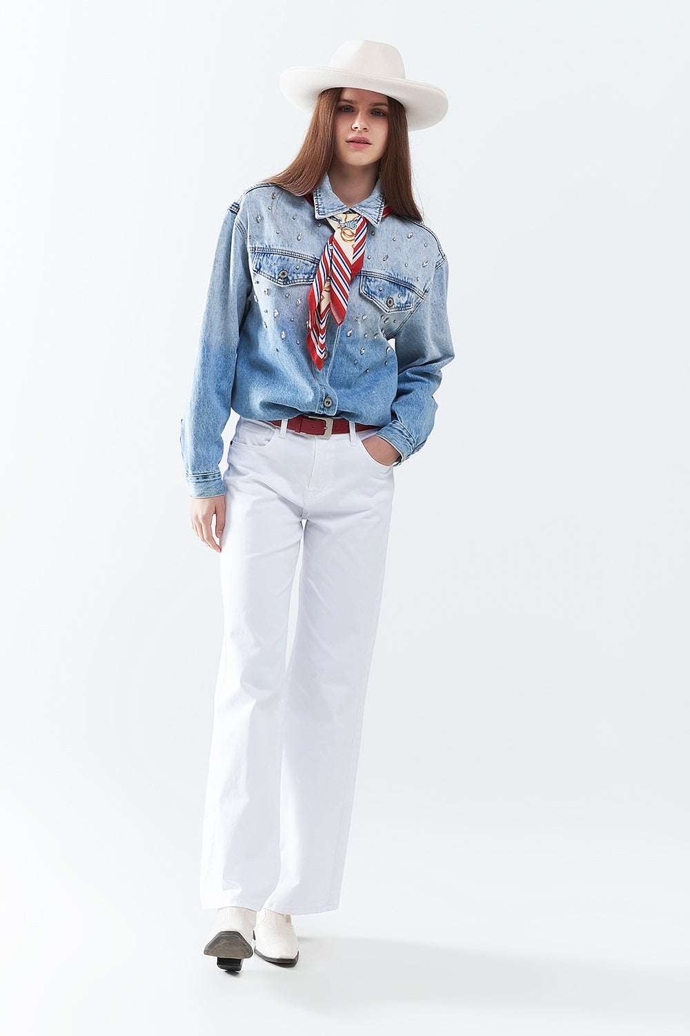 Distressed Denim Shirt with Chest Pockets & Embroidered Rhinestone Details - Casual Wear for Women, Perfect for Street Style & Everyday Outfits
