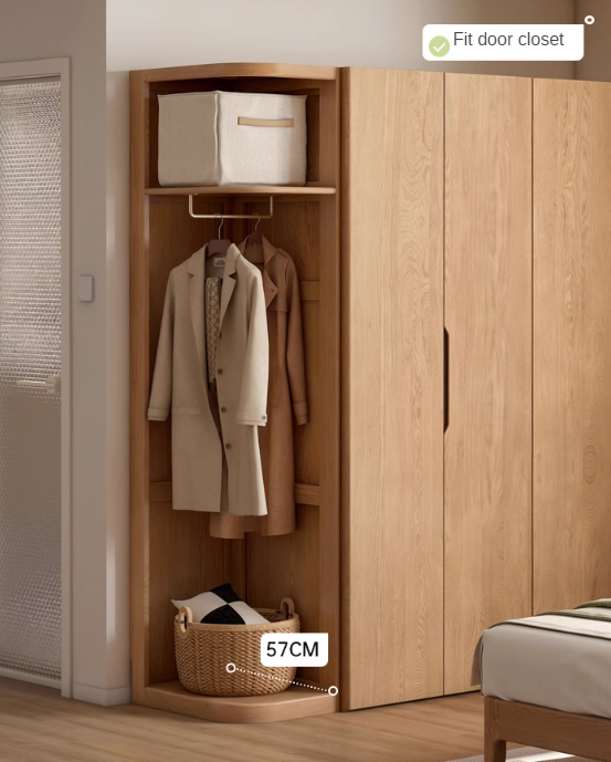 Solid Oak & Cherry Wood Modern Corner Wardrobe - Triangle Floor Standing Closet for Bedroom, Living Room, and Office Storage