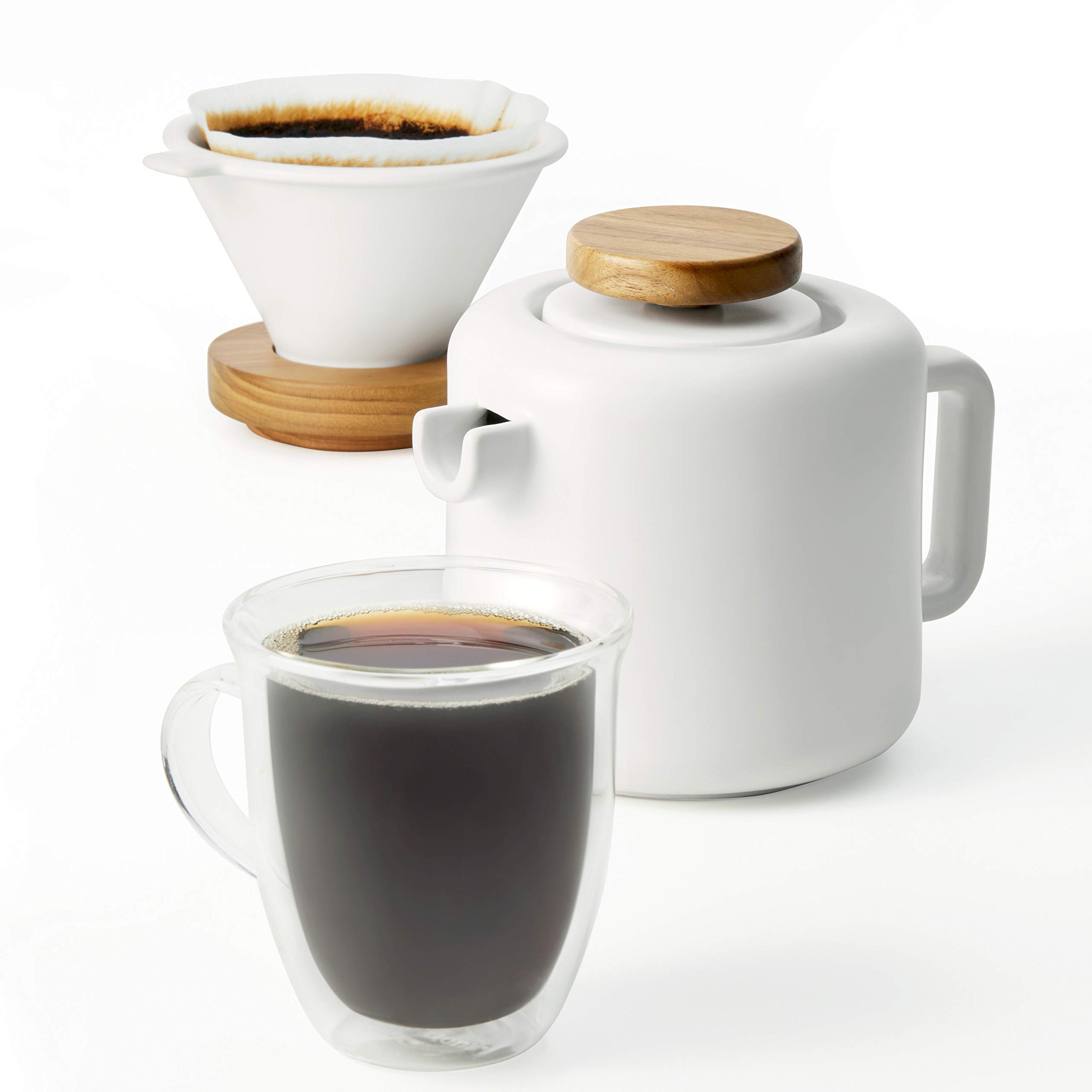 BonJour 4-Cup Pour Over Coffee Maker Set - Premium Stoneware Dripper with Glass Carafe - Matte White Design for Home Brewing & Office Use