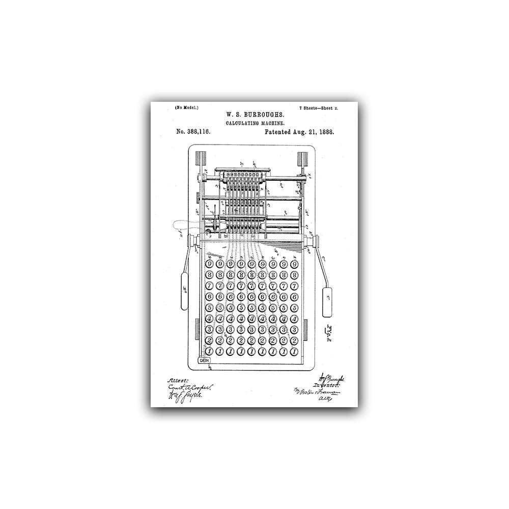 Vintage 1888 Calculating Machine Patent Art Poster - William Seward Burroughs Adding Machine - Historical Office Decor & Math Enthusiast Gift
