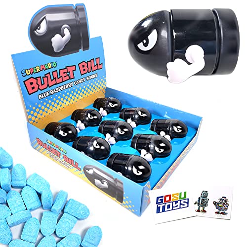 Super Mario Bullet Bill Blue Raspberry Sour Candy (9 Pack) with 2 Free Gosutoys Stickers - Perfect for Gaming Parties, Collectibles & Gift Giving