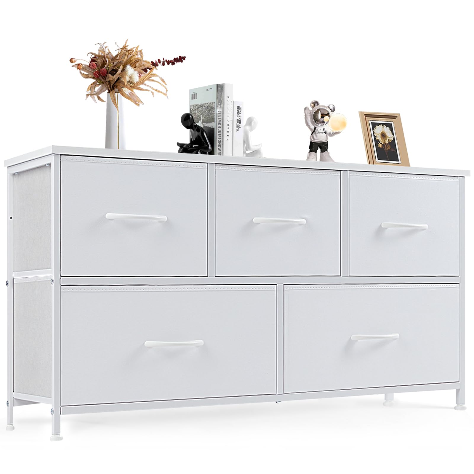DUMOS 5-Drawer Dresser for Bedroom - Wooden Top Storage Organizer with Fabric Bins & Metal Frame - Nursery, Living Room, Kids Room, Closet Furniture - Perfect for Home Organization & TV Stand (Brown)