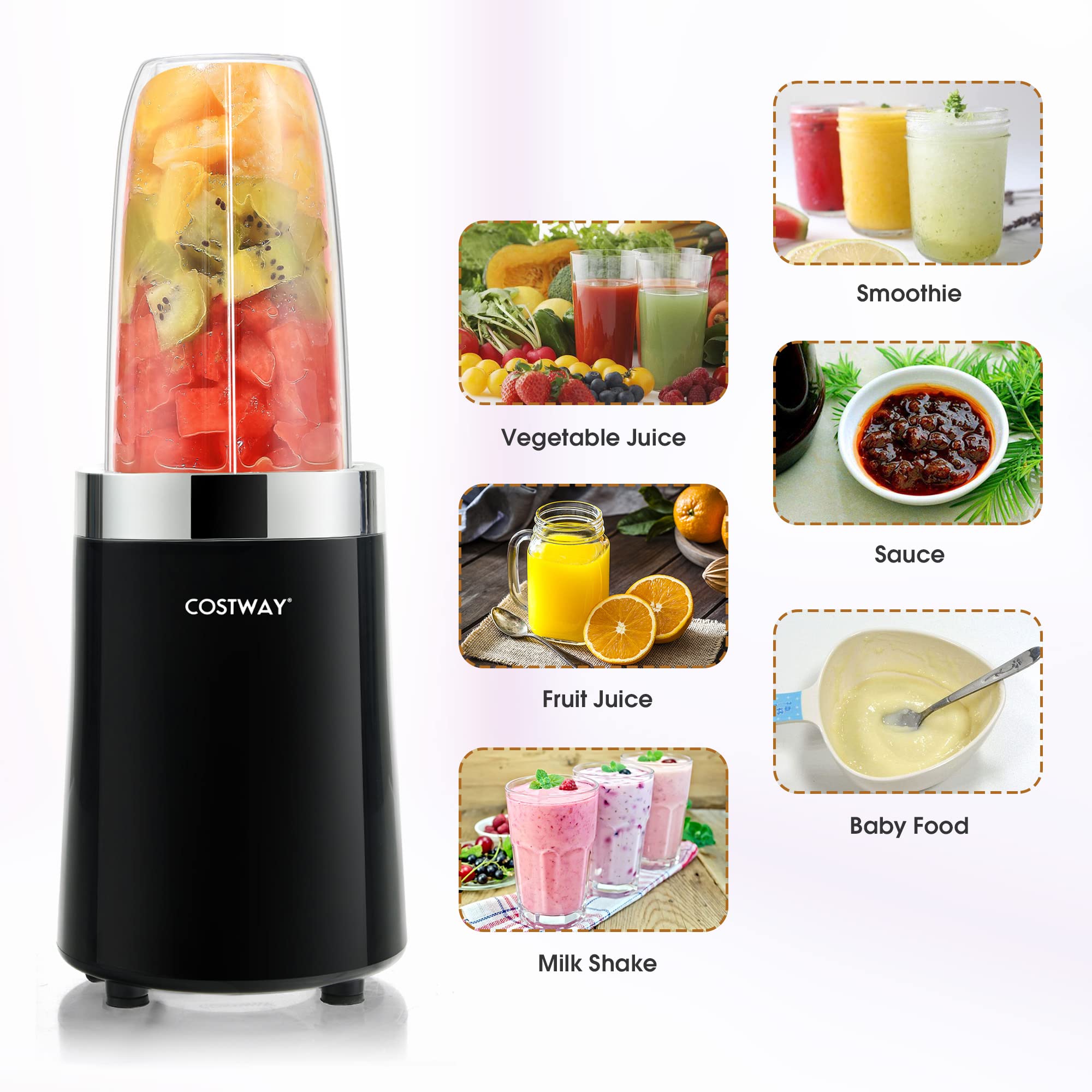 COSTWAY 1000W Personal Blender for Juices, Smoothies & Shakes - High Speed Nutri Blender with Powerful Motor - Perfect for Healthy Drinks, Protein Shakes & Meal Prep - Black
