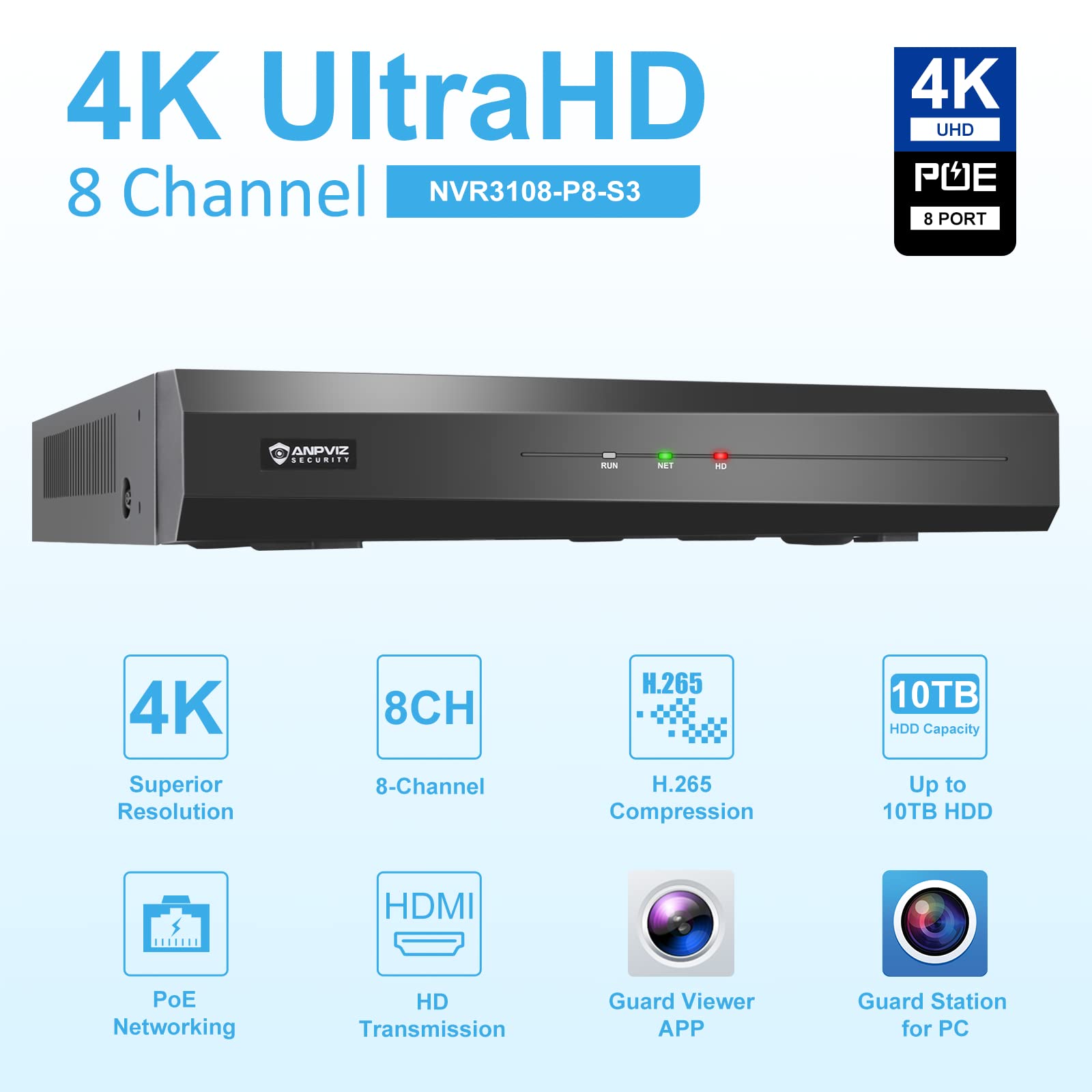 Anpviz U Series 4K 8CH PoE NVR Security System - Plug & Play with Pre-Installed 2TB HDD, H.265+ Support for 8MP/6MP/5MP/4MP/3MP/1080P IP Cameras - Ideal for 24/7 Home & Business Surveillance