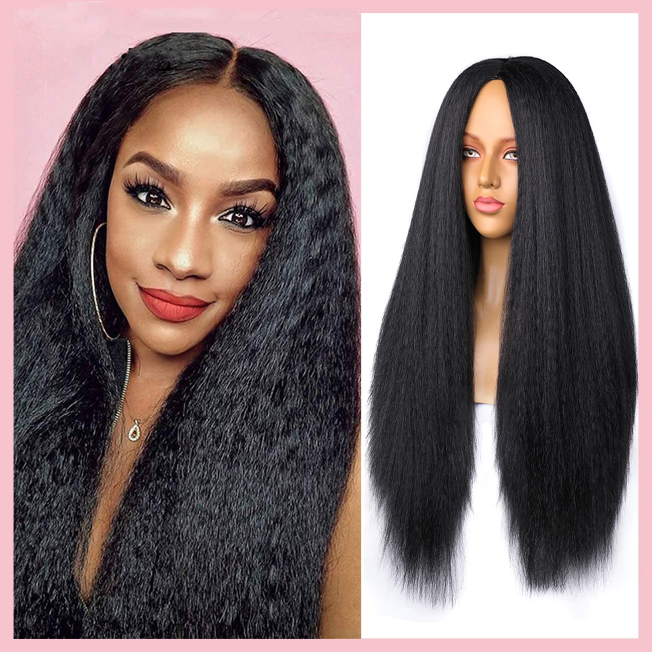 26 Inch Long Black Yaki Straight Synthetic Wigs for Women - Kinky Straight None Lace Hair Replacement Wigs for Daily Wear, Cosplay & Special Occasions