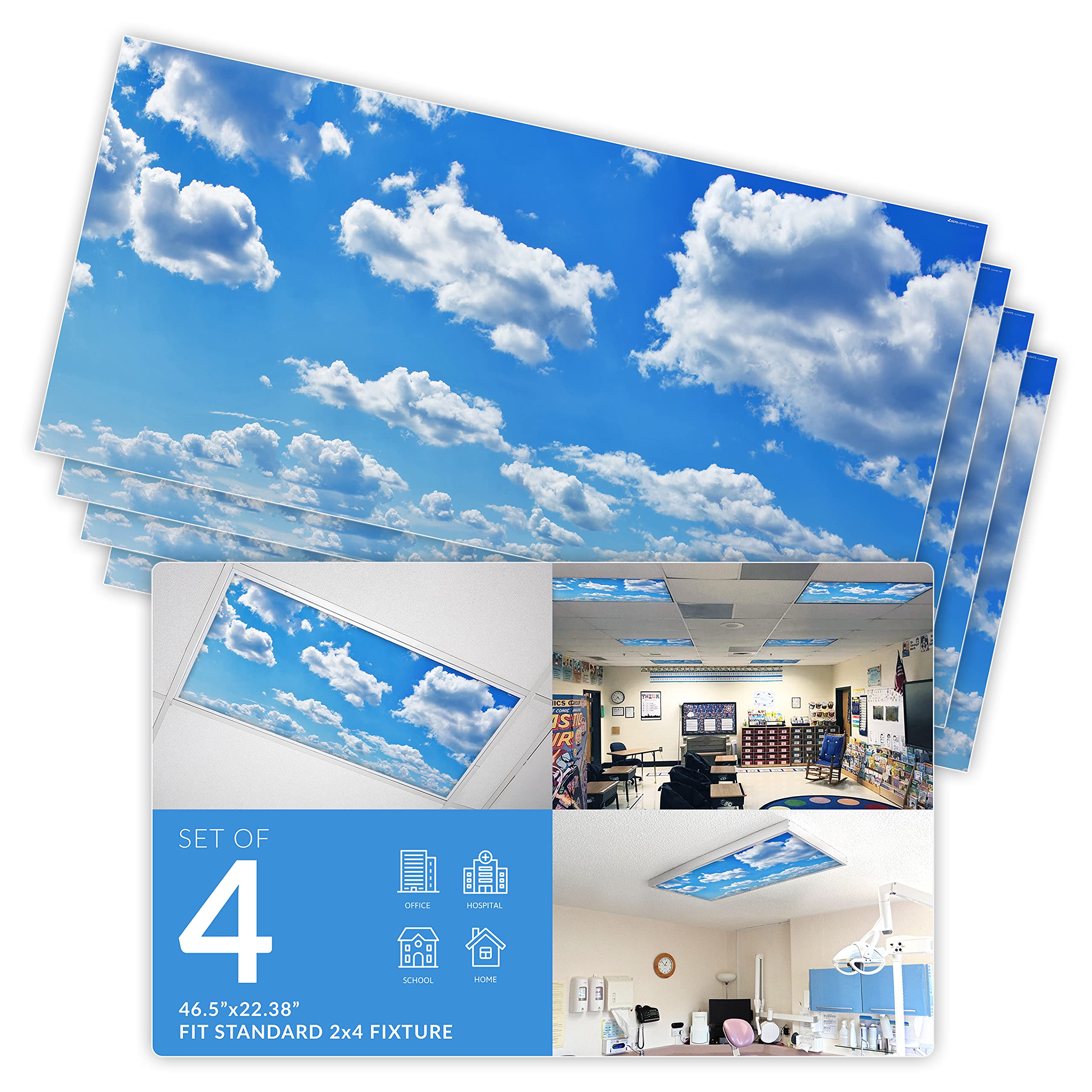 OCTO LIGHTS Fluorescent Light Covers for Classroom & Office - Reduce Eye Strain & Headaches by Eliminating Harsh Glare (4-Pack, Cloud Design) - Perfect for Schools, Hospitals, and Workspaces