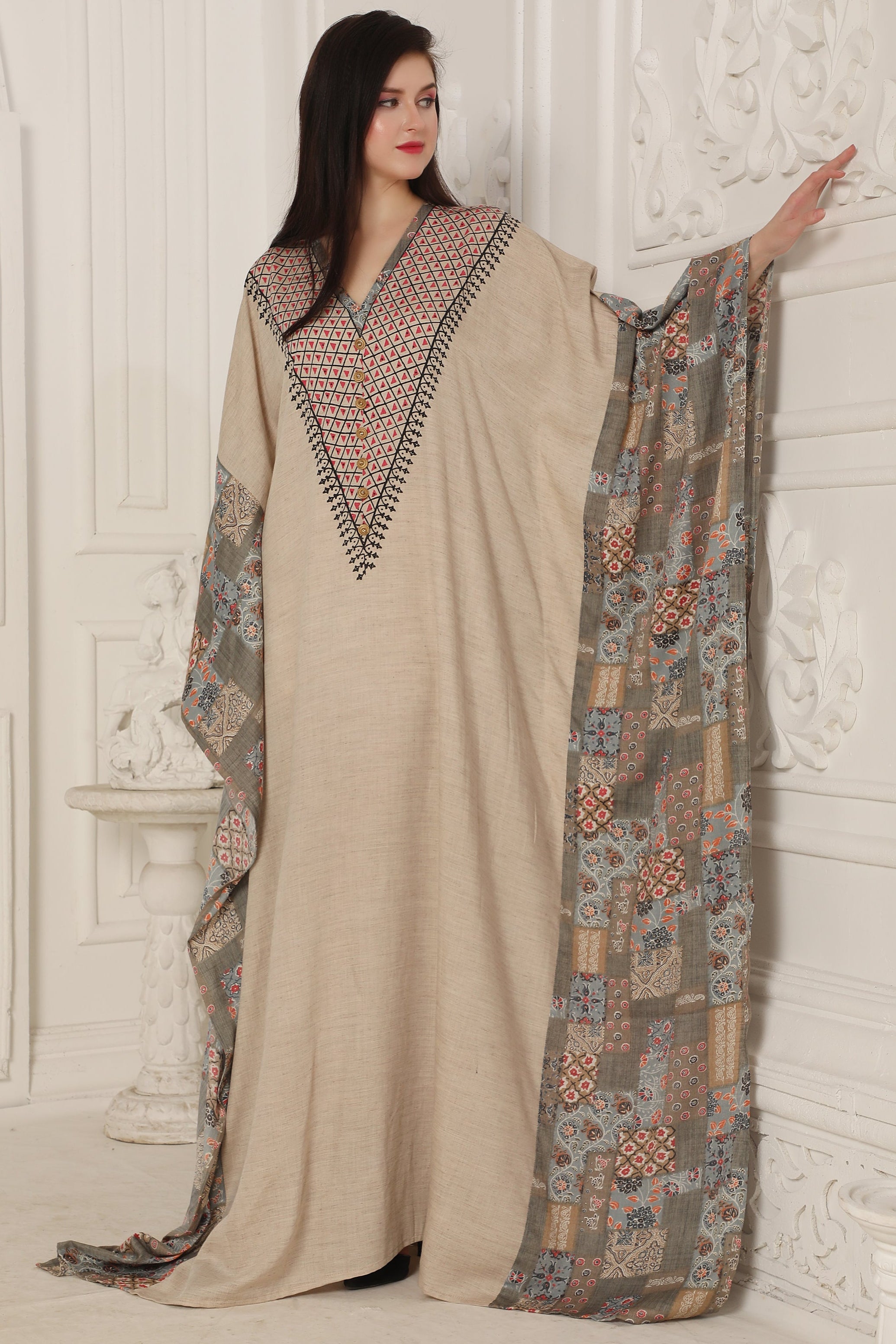 Elegant Embroidered Neckline Dubai Kaftan Farasha Long Maxi Dress with Digital Print - Perfect for Beach Weddings, Resort Wear & Summer Vacations