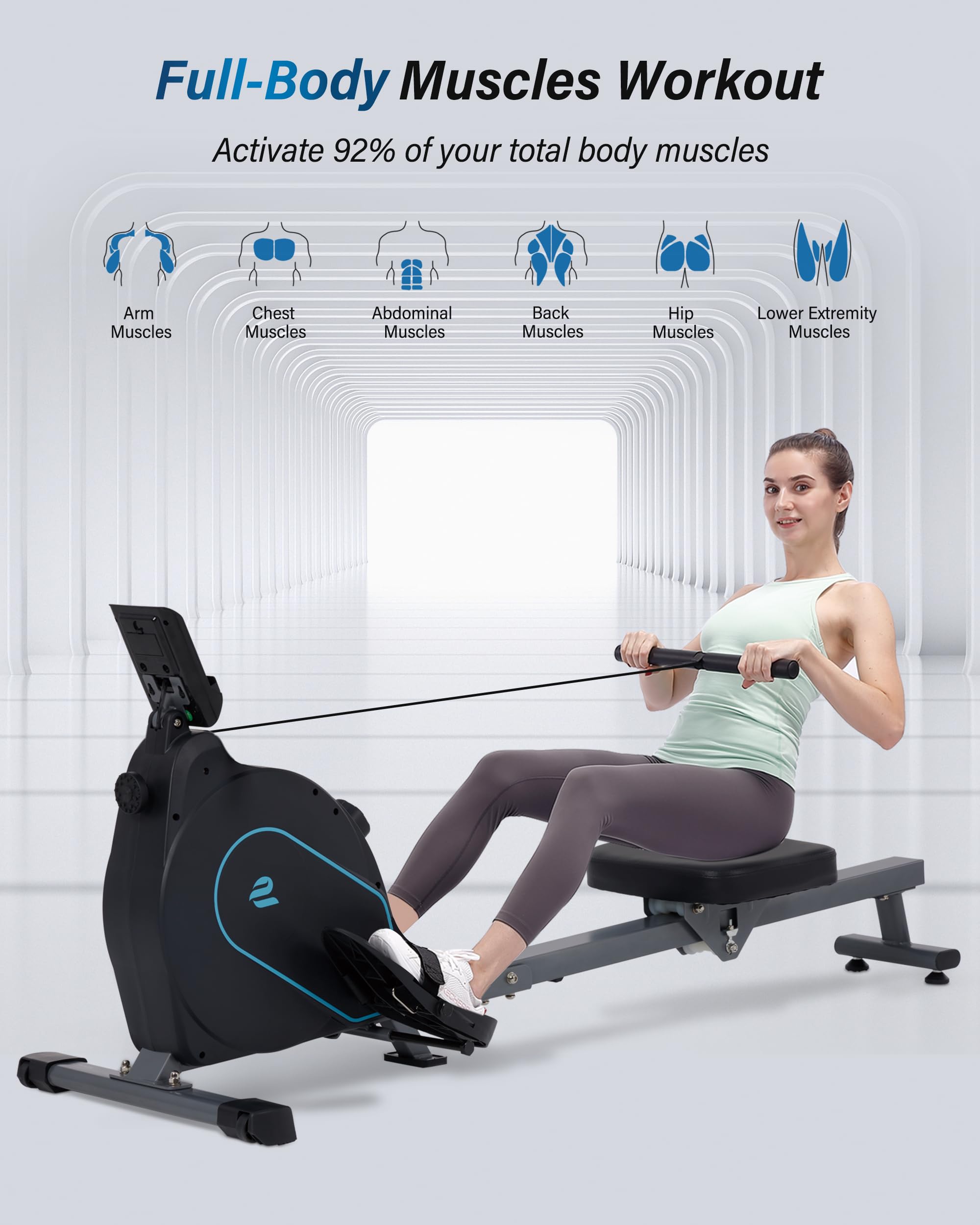 ECHANFIT Magnetic Rowing Machine for Home Gym - 16-Level Adjustable Resistance Rower with LCD Monitor, Ergonomic Seat & Tablet Holder (350 LB Weight Capacity) - Perfect for Cardio Workouts, Full-Body Training & Small Spaces