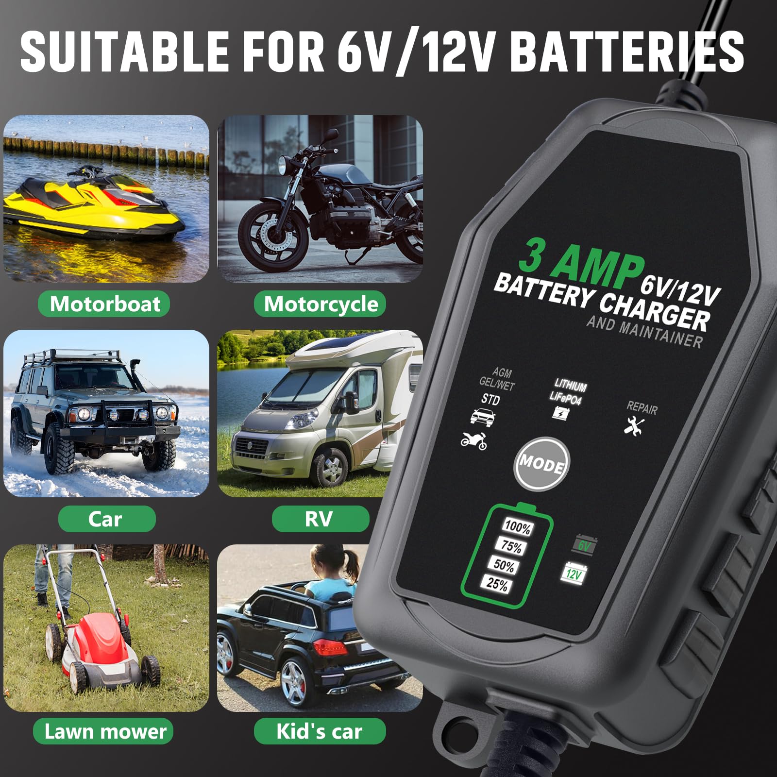 3 AMP 6V/12V Smart Car Battery Charger & Maintainer - Fully Automatic Trickle Charger for Lead-Acid, Lithium, LiFePO4 Batteries - Ideal for Cars, Motorcycles, Lawn Mowers & Seasonal Vehicle Storage