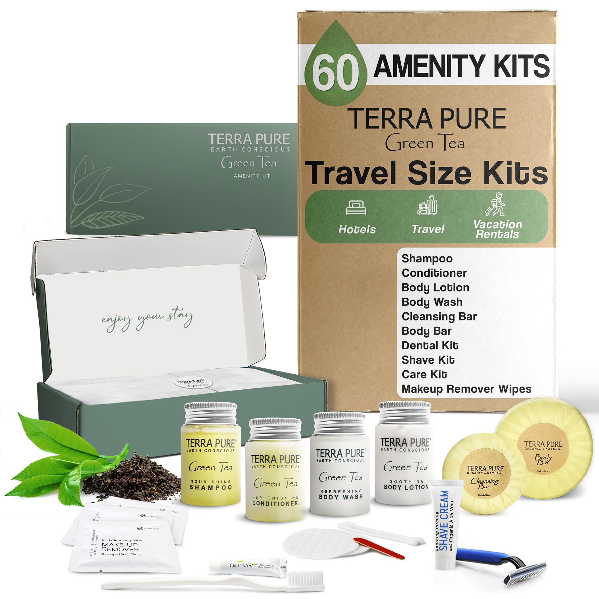Organic Green Tea Travel Amenity Kit - 1 oz Shampoo, Conditioner, Body Wash, Lotion, 2 Soap Bars, Shaving Kit, Dental Set & Makeup Remover Wipes (60 Sets/Case) | Perfect for Hotels, Spas, Airlines & Luxury Travel Essentials