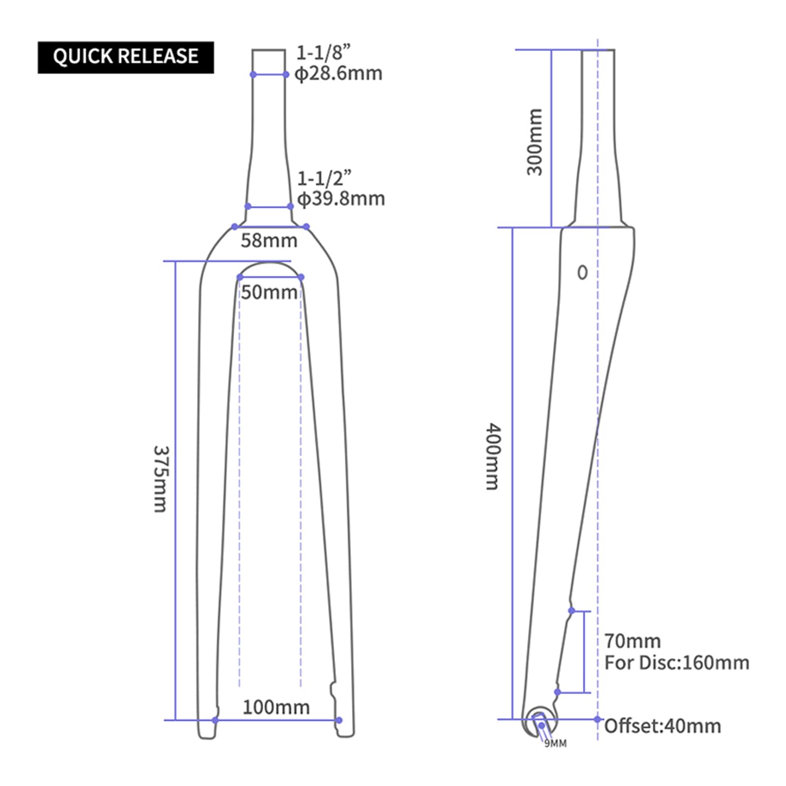 BUCKLOS 700C Carbon Fiber Gravel Road Bike Fork - QR 9mm/100 & 12mm Thru Axle, 1-1/8