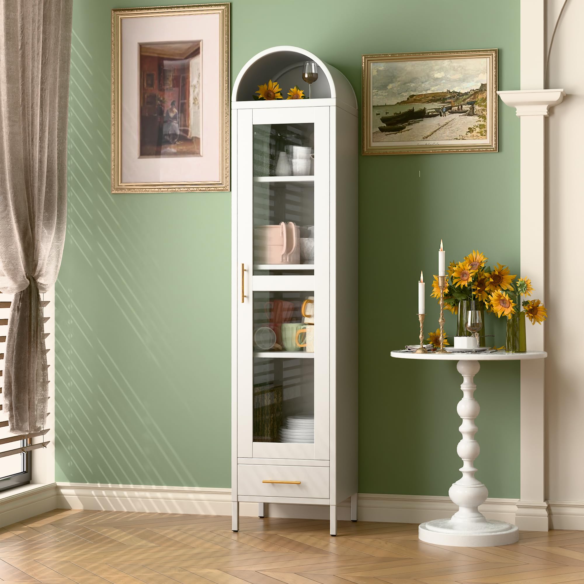 METAN White Metal Arched Storage Cabinet with Glass Door, Drawer & 3 Adjustable Shelves - Modern Bookshelf for Living Room, Kitchen, Pantry | Perfect for Home Organization & Displaying Decor Items