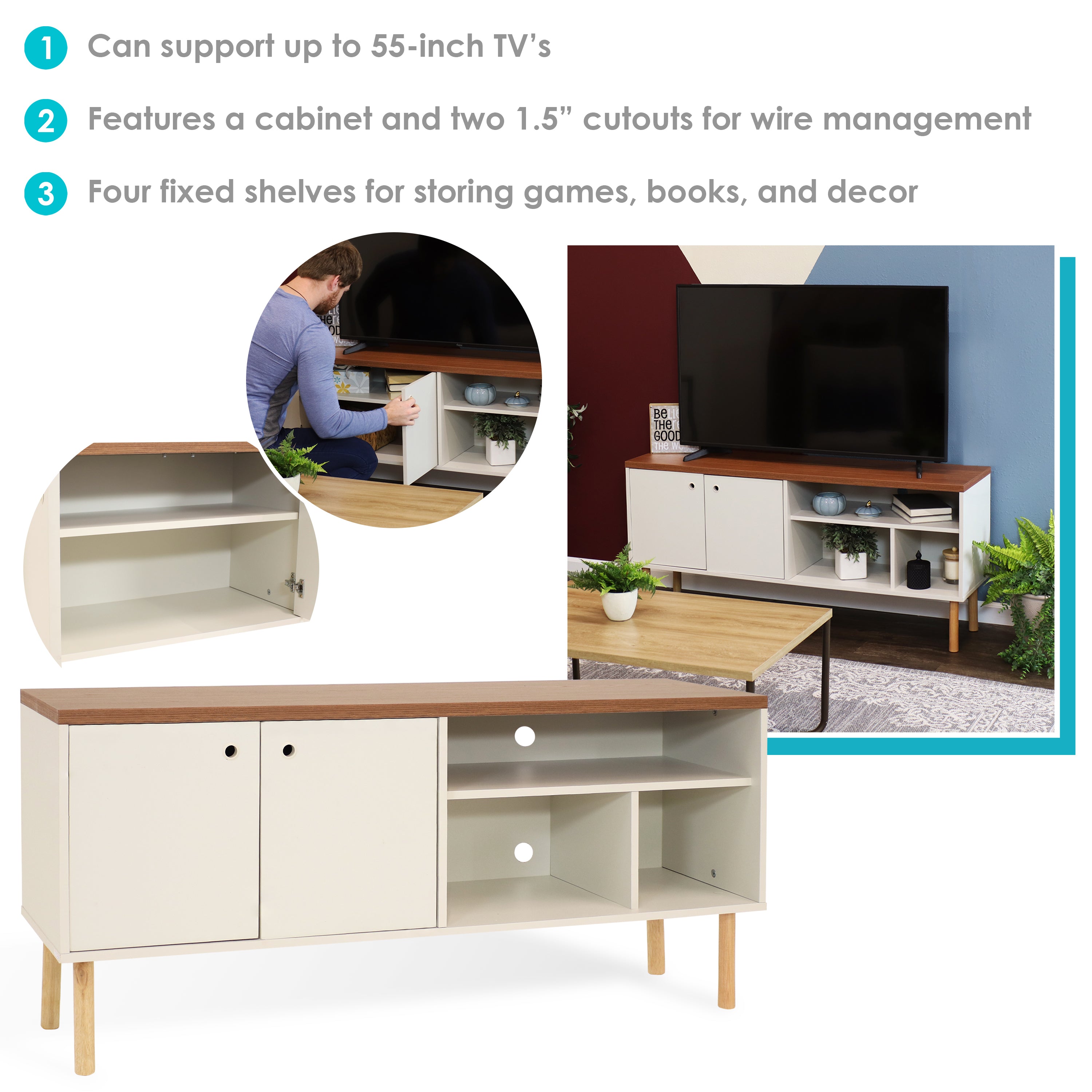 Mid Century Modern TV Stand for 55 Inch TV - Solid Wood Entertainment Center with Storage - Perfect for Living Room, Bedroom & Home Theater Setup