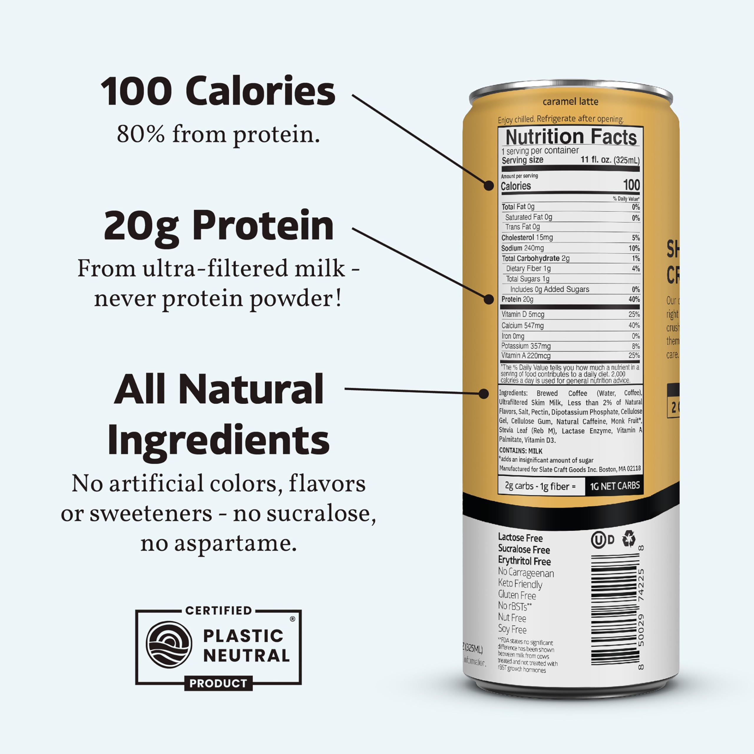 High Protein Iced Coffee - Slate Milk Caramel Latte (11 fl oz, 12 Cans) - 20g Protein, 1g Sugar, 100 Calories | Lactose Free, 175mg Caffeine Energy Boost | Keto Friendly, No Sugar Added | Perfect for Workouts, Office & On-the-Go Energy