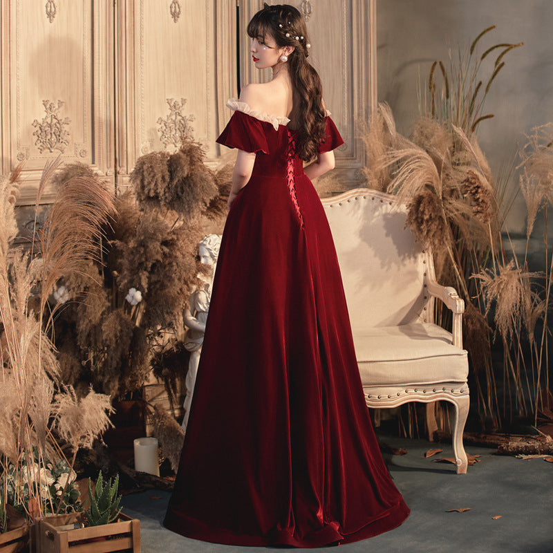 Burgundy Off Shoulder Long Prom Dress - A-Line Velvet Evening Gown for Homecoming, Wedding & Formal Events | Style 566