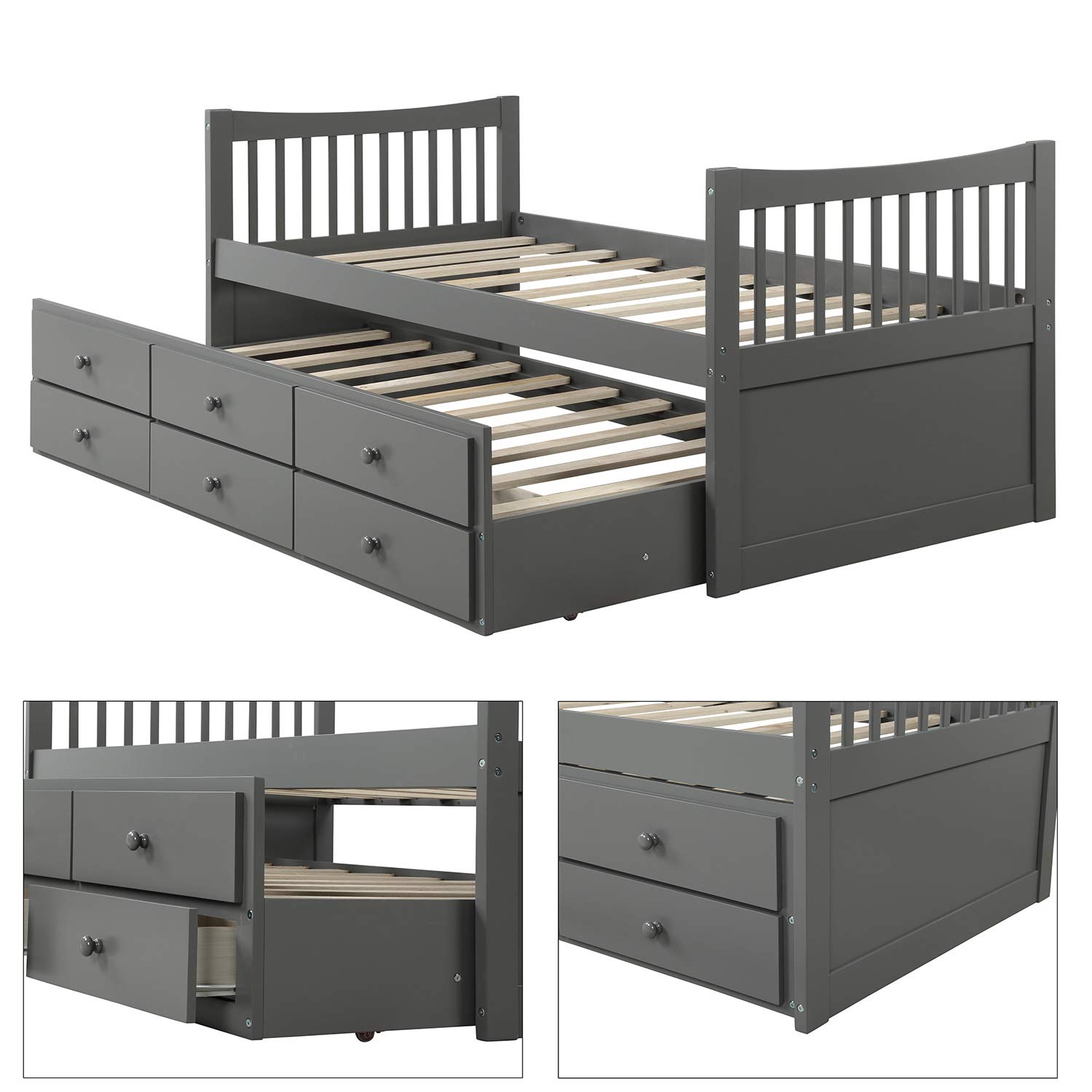 Rhomtree Twin Daybed with Trundle - Grey Storage Platform Bed Frame with Headboard, Footboard & 3 Drawers - Perfect for Kids Room, Guest Bedroom or Small Space