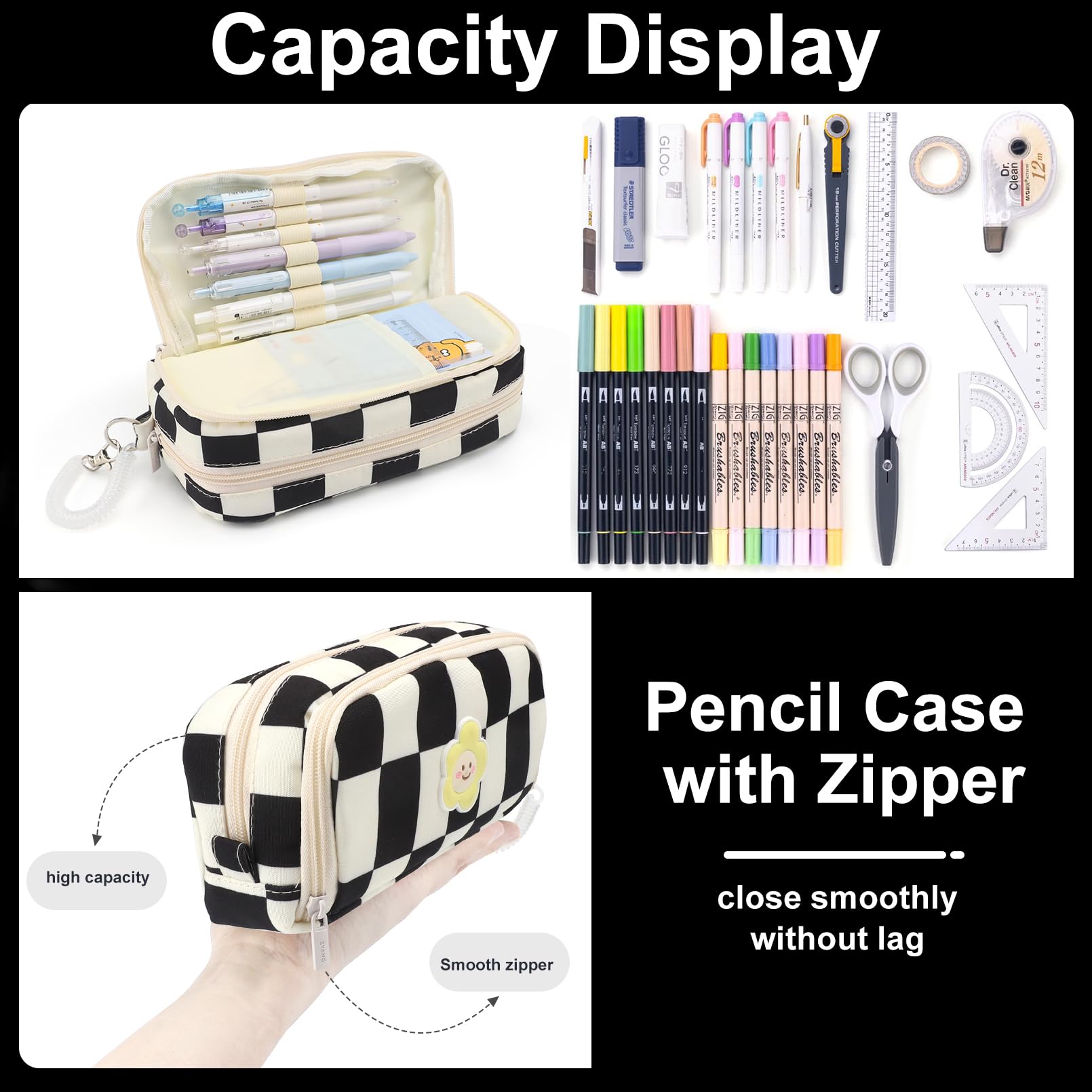 Large Capacity Zippered Pencil Case - Aesthetic Office Stationery & Makeup Organizer for Women & Teen Girls | Perfect for School, Work & Travel (Black)