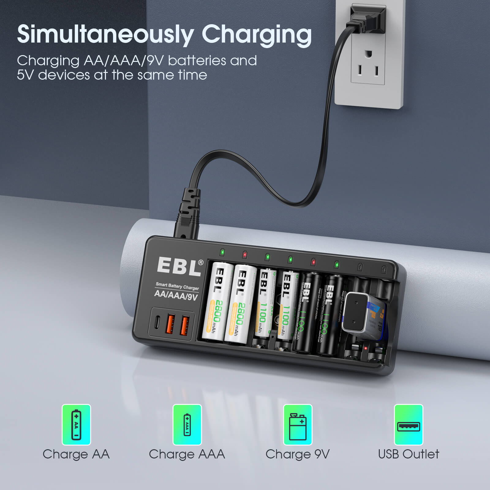 EBL AA AAA 9V Rechargeable Batteries with Individual Charger - Perfect for Cameras, Toys, and Household Electronics