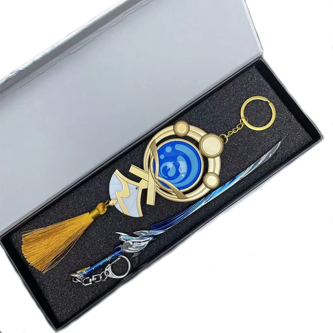 Genshin Impact Kamisato Ayato Sword Model & Element Pendant Keychain Set - 2pcs Zinc Alloy Key Rings (22cm) - Anime Cosplay Accessories & Gift for Fans