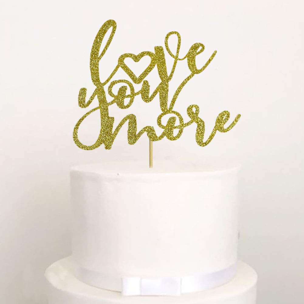 Love You More Cake Topper - Gold Glitter Wedding Cake Decor for Engagement, Bridal Shower & Bachelorette Party - Perfect for Romantic Celebrations and Special Occasions
