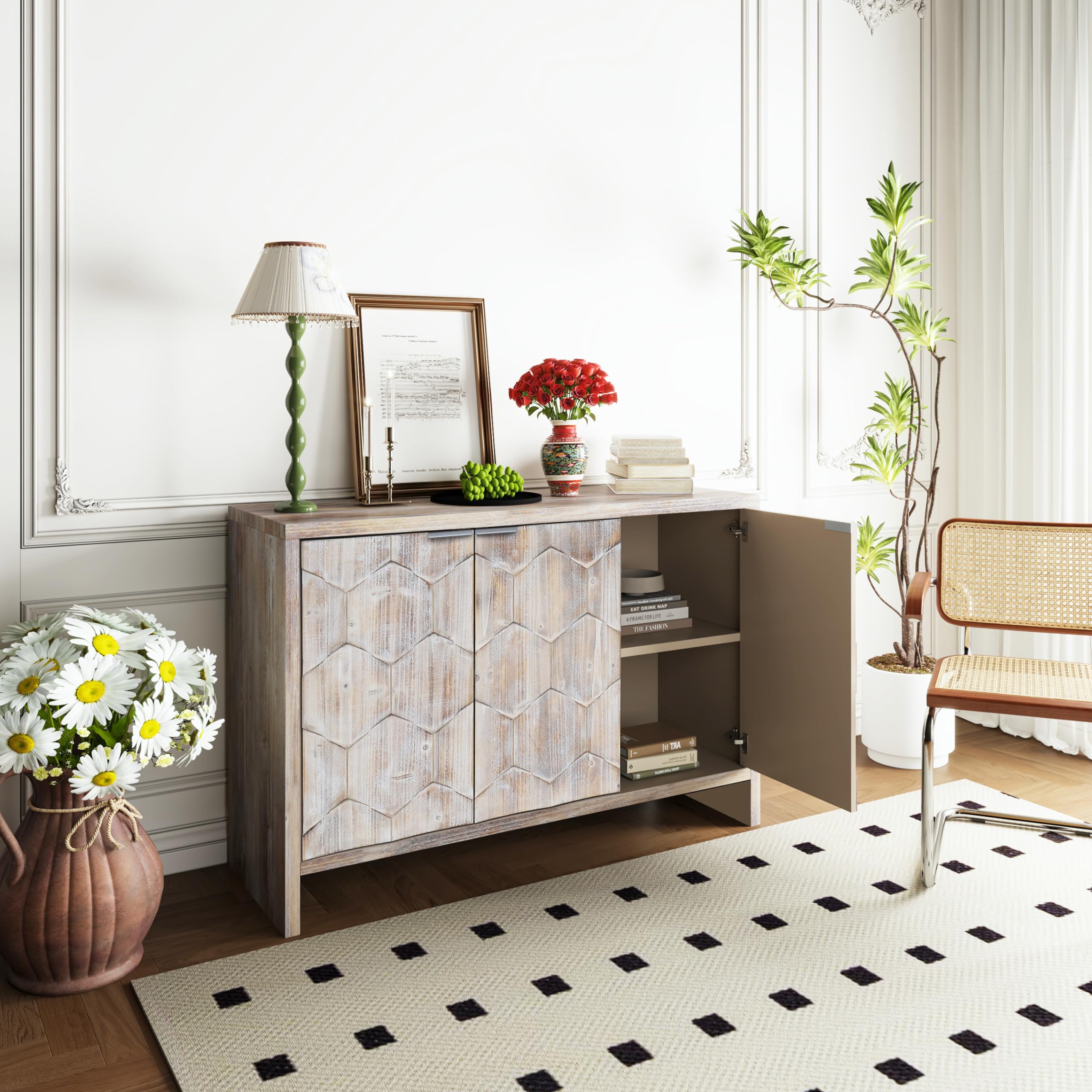 Farmhouse Sideboard Storage Cabinet - Solid Wood Accent Floor Cabinet with Adjustable Shelf, Buffet Server & Console Table for Living Room, Hallway, Dining Room - Perfect for Home Organization & Stylish Storage Solutions