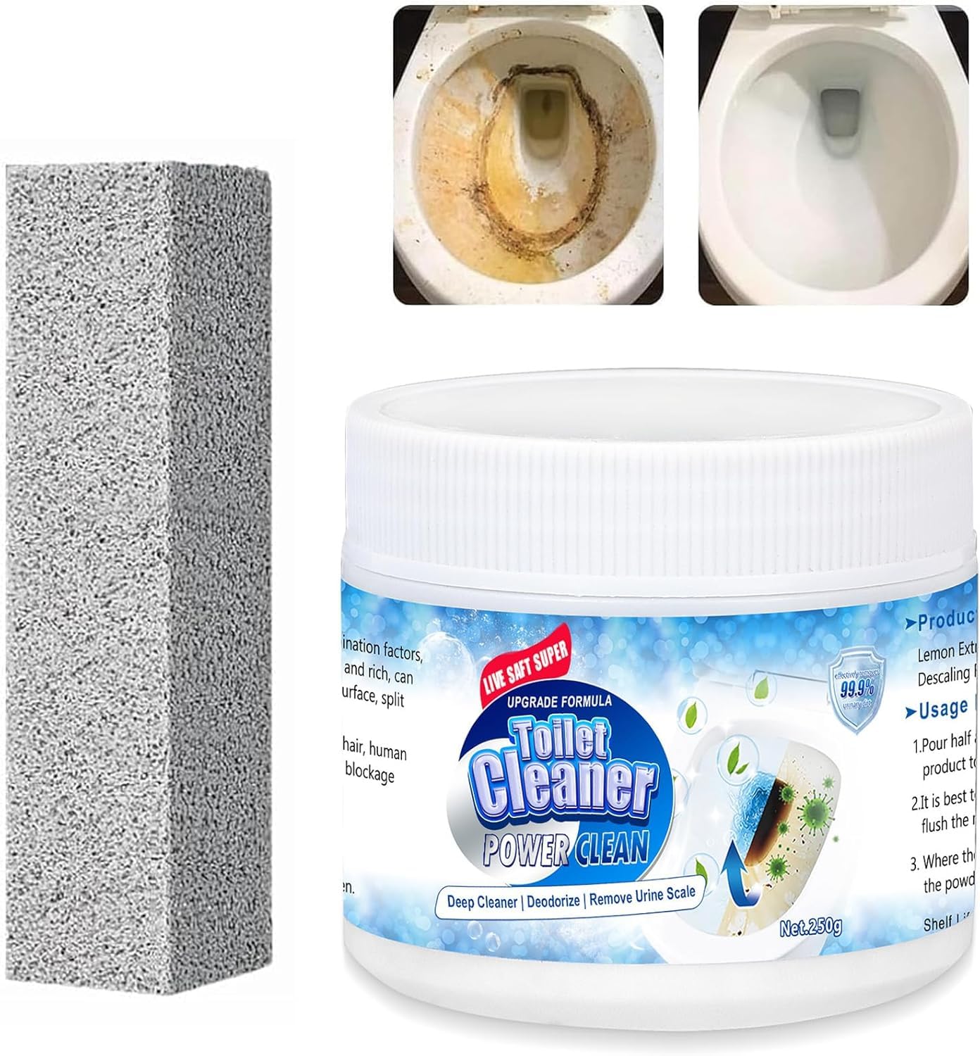Pumice Stone Toilet Bowl Cleaner Powder - Remove Hard Water Rings & Calcium Buildup - Effective Toilet Brush for Bathroom Cleaning - Ideal for Stubborn Stains in Toilets, Sinks & Tubs