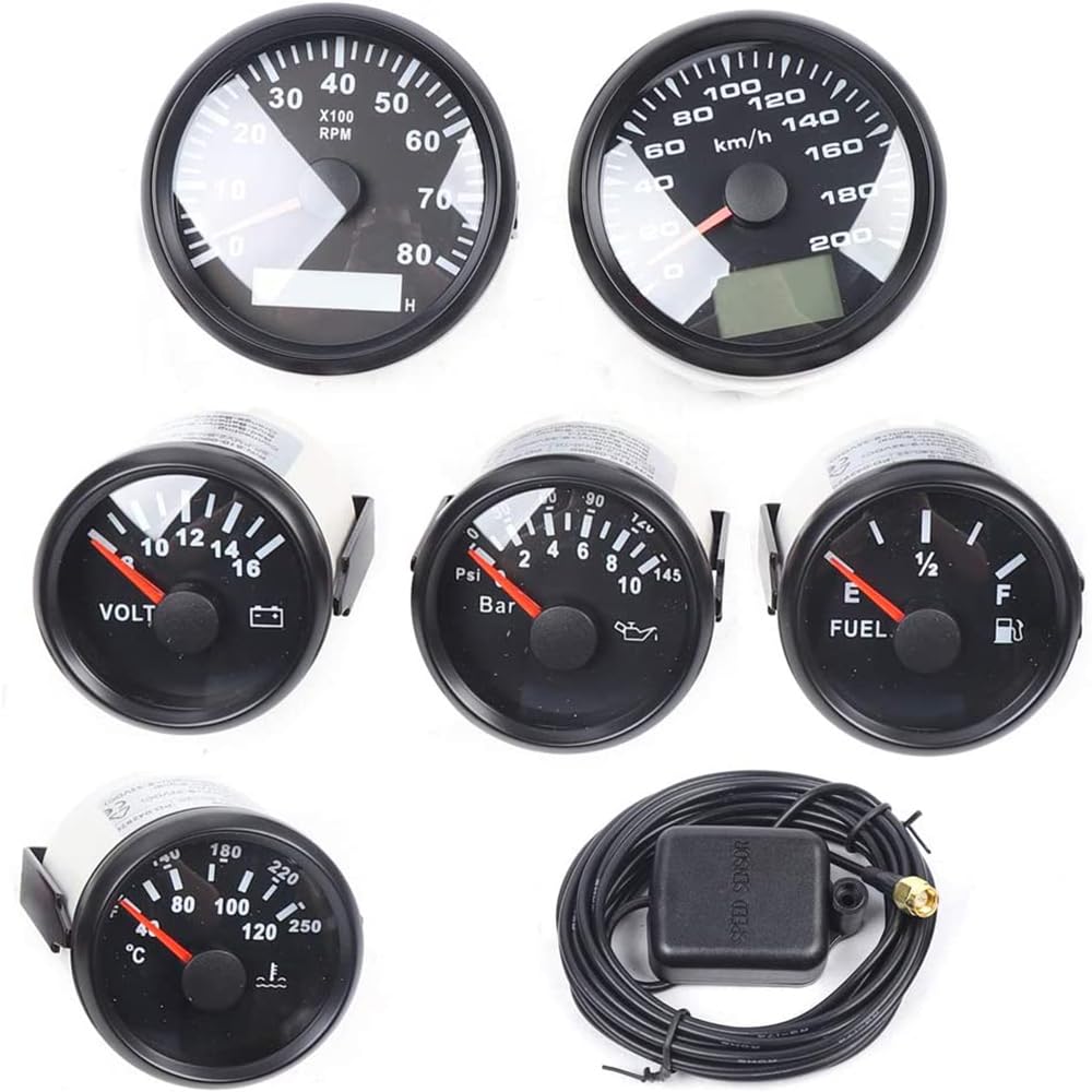6 Gauge Set - Speedometer, Tachometer, Fuel Level, Oil Pressure, Volt & Water Temp Gauges | Universal Programmable Dashboard Instruments for Cars, Trucks, Boats & Yachts (Black Background) | Perfect for Performance Monitoring & Vehicle Customization