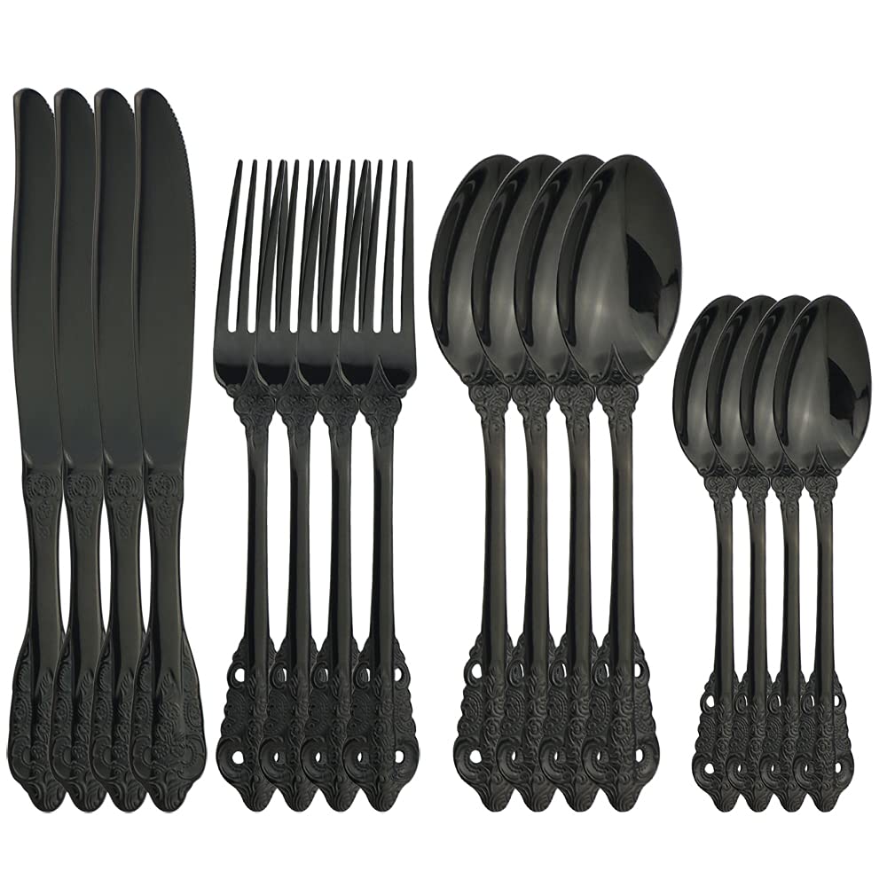 Premium 16-Piece Stainless Steel Flatware Set - 304 Grade Silverware for 4 (Knife, Fork, Spoon) - Elegant Black Western Dinnerware Cutlery Set for Home, Kitchen & Formal Dining - Dishwasher Safe Durable Tableware