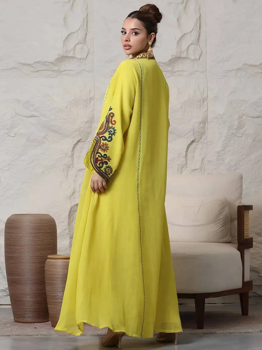 Elegant Rope Embroidery Eid Caftan Dress for Women - Middle Eastern Traditional Kaftan - Perfect for Eid Celebrations, Weddings & Special Occasions