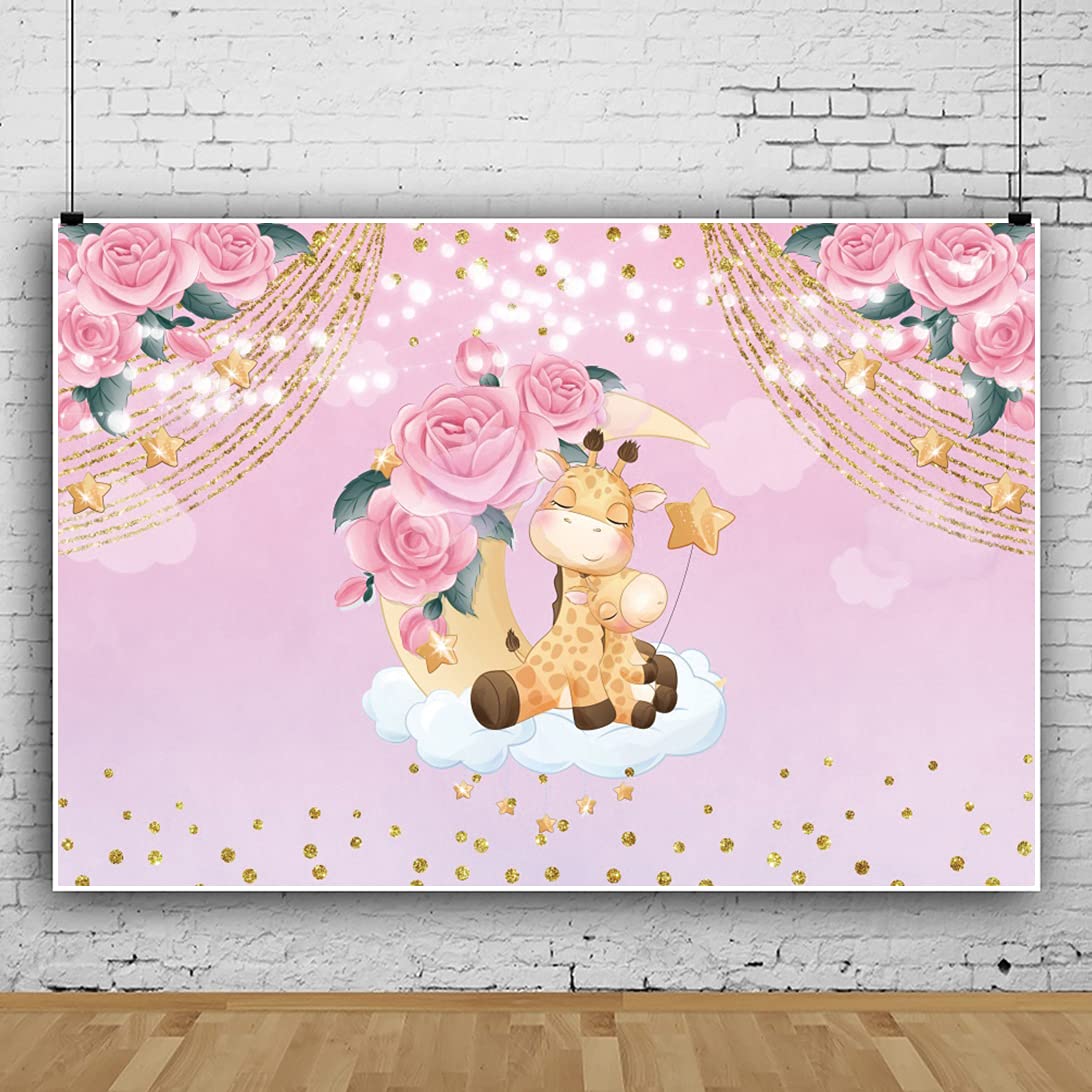 Leowefowa 2.2x1.5m Pink Floral Giraffe Moon Stars Baby Shower Backdrop - 1st Birthday Photography Background for Newborn Cake Smash, Kids Photo Shoot & Party Decor | Perfect for Baby Showers, Birthday Parties & Studio Props
