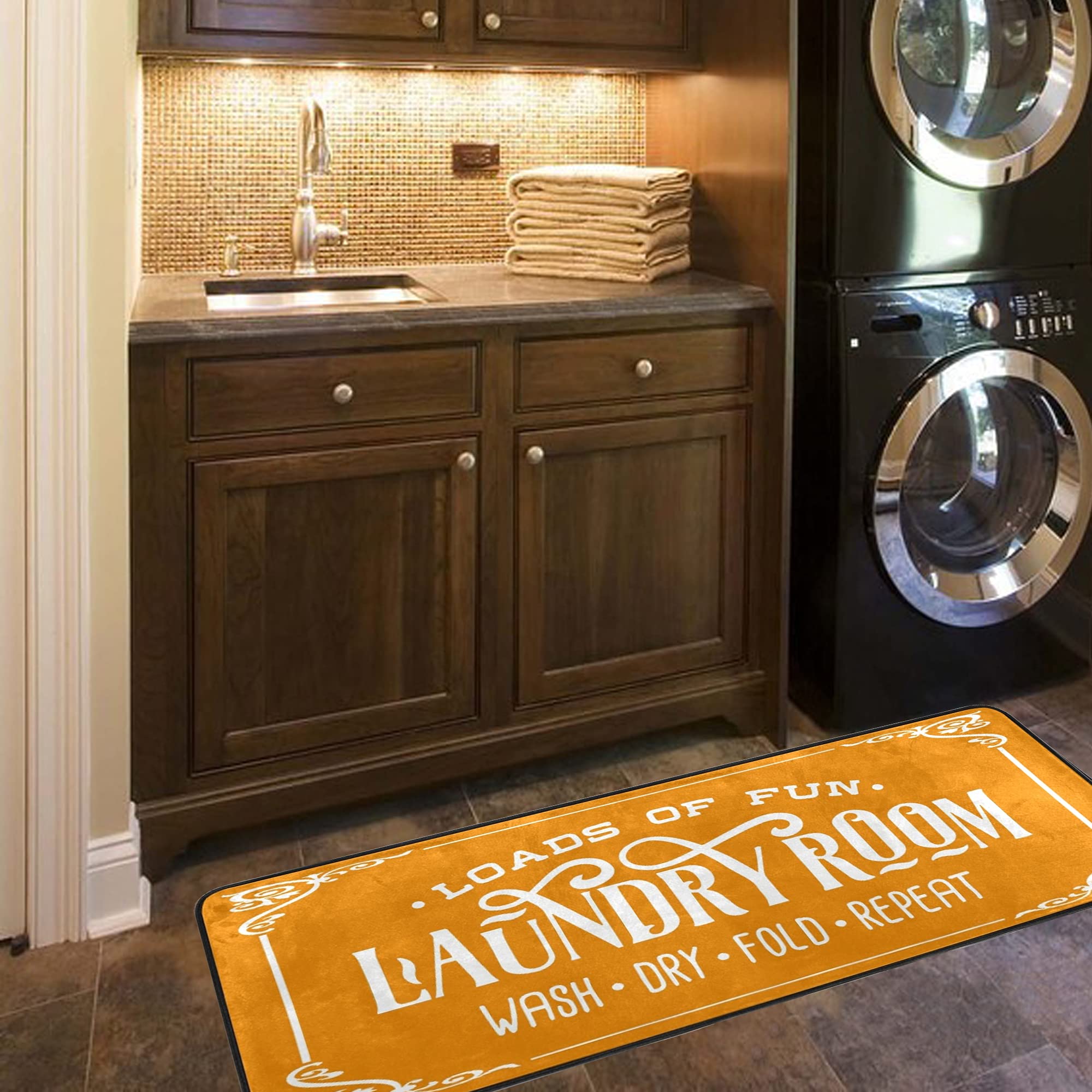 KLL Machine Washable Laundry Rug - 72x24 Inch Orange Farmhouse Decor Runner for Laundry Room | Non-Slip Laundry Mat for Washer & Dryer Area, Mudroom Entryway