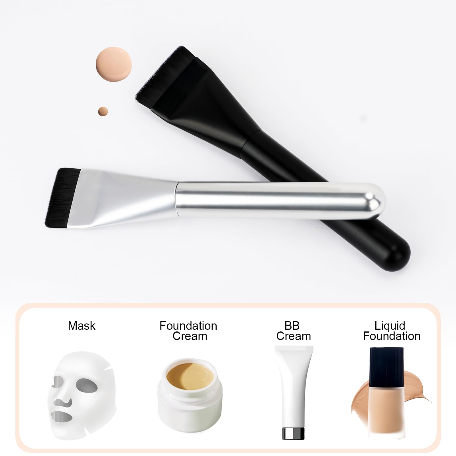 2Pcs Flat Foundation Brush Set - Premium Korean Makeup Brush for Liquid Foundation & Cream Blending - Face Mask Brush & Makeup Spatula (Black & Silver) - Perfect for Professional Makeup Application & At-Home Skincare Routine